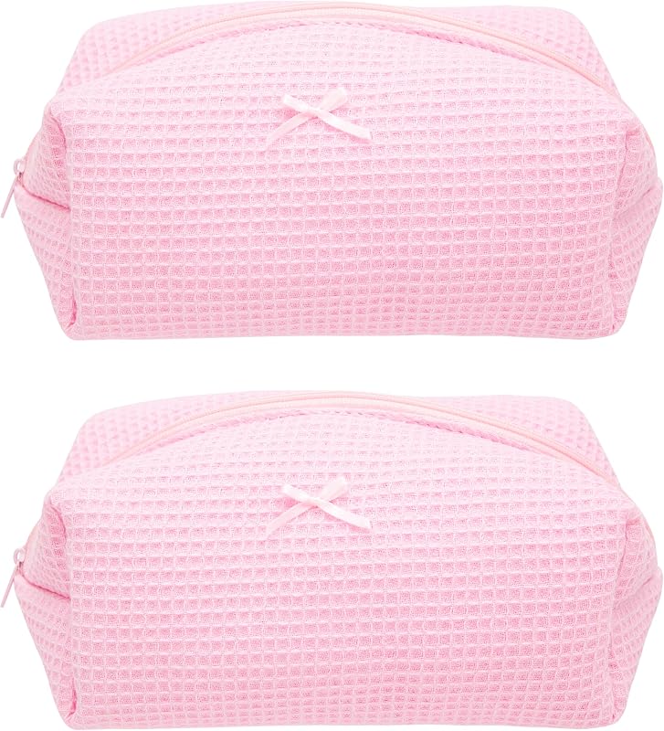 Necessaire de maquiagem PAZIMIIK Waffle Check Pink com zíper, Pacote com 2
