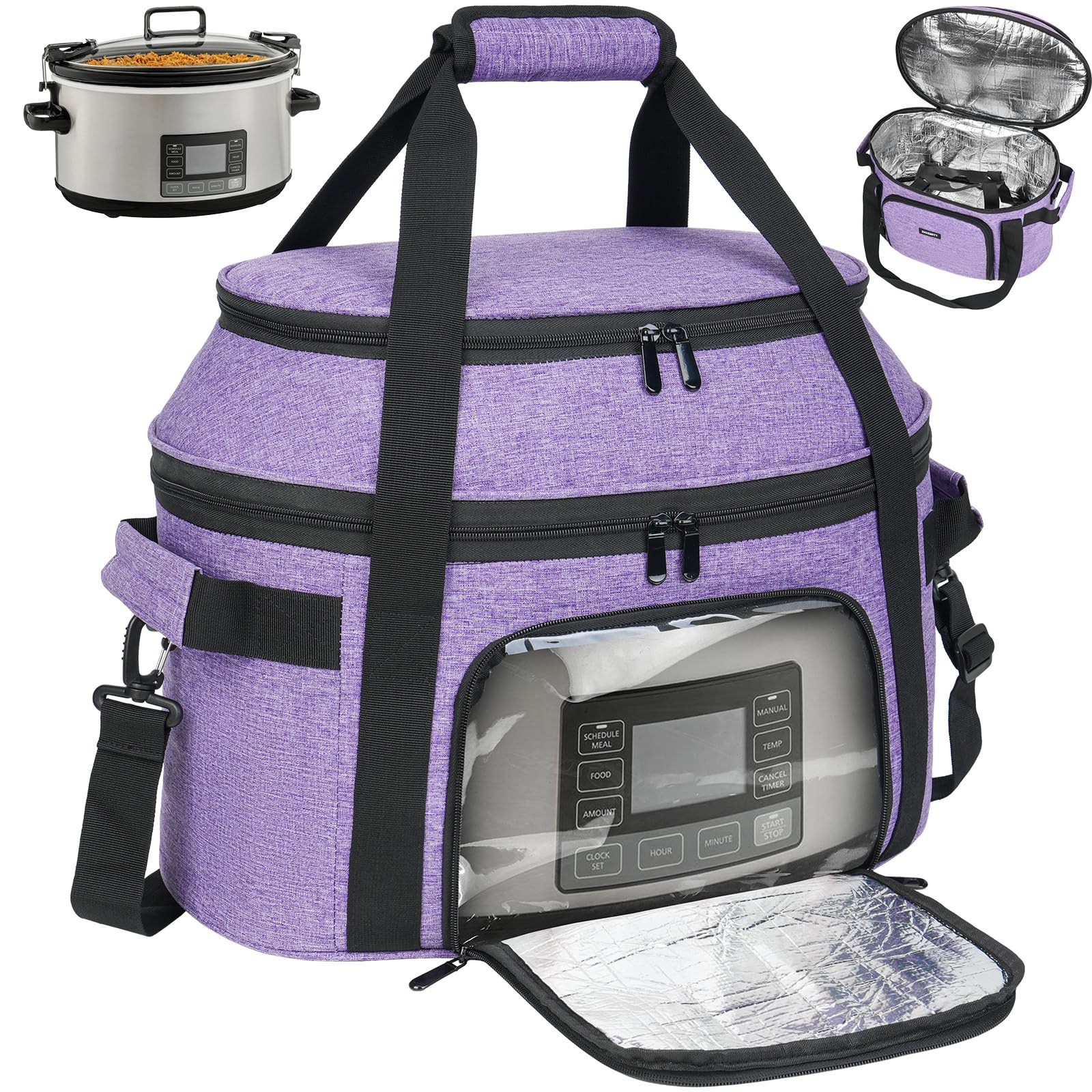 Slow Cooker Carrying Bag Compatible with 6-8 Quart CrockPot and Hamlton Beach,Portable Double-Layer Insulated Travel Carrier Case with Lid Fastener and See-through Window,Purple,Bag Only