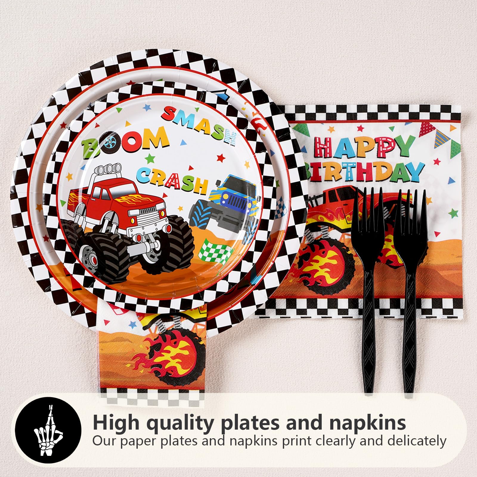 96 Pcs Monster Truck 4th Birthday Party Supplies - 350 GSM Plates and Napkins, Checkered Tableware Set for Kids Boys Theme Party - Decorations Serve 24