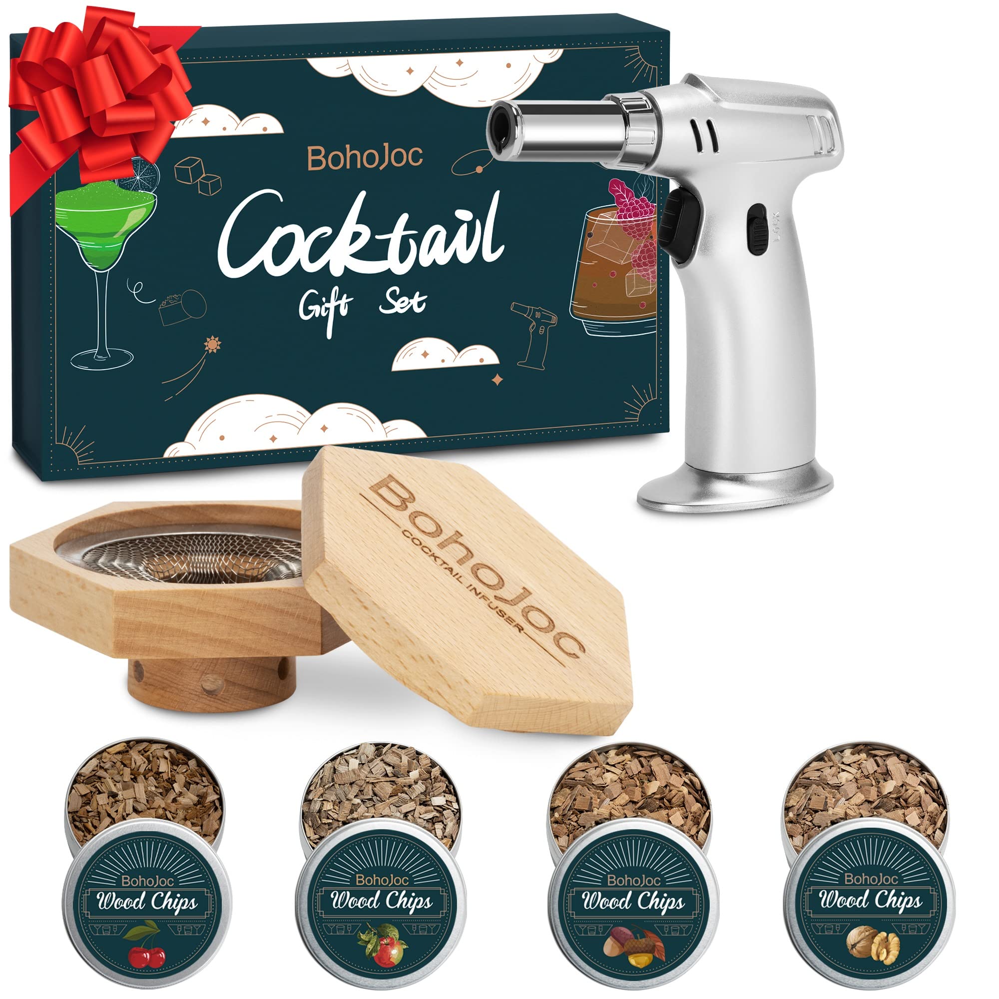 Cocktail Smoker Kit with Torch & Whiskey Stones, Christmas Birthday Gifts for Men, Mens Gifts for Christmas, Oak | Apple | Walnut | Cherry (No Butane)