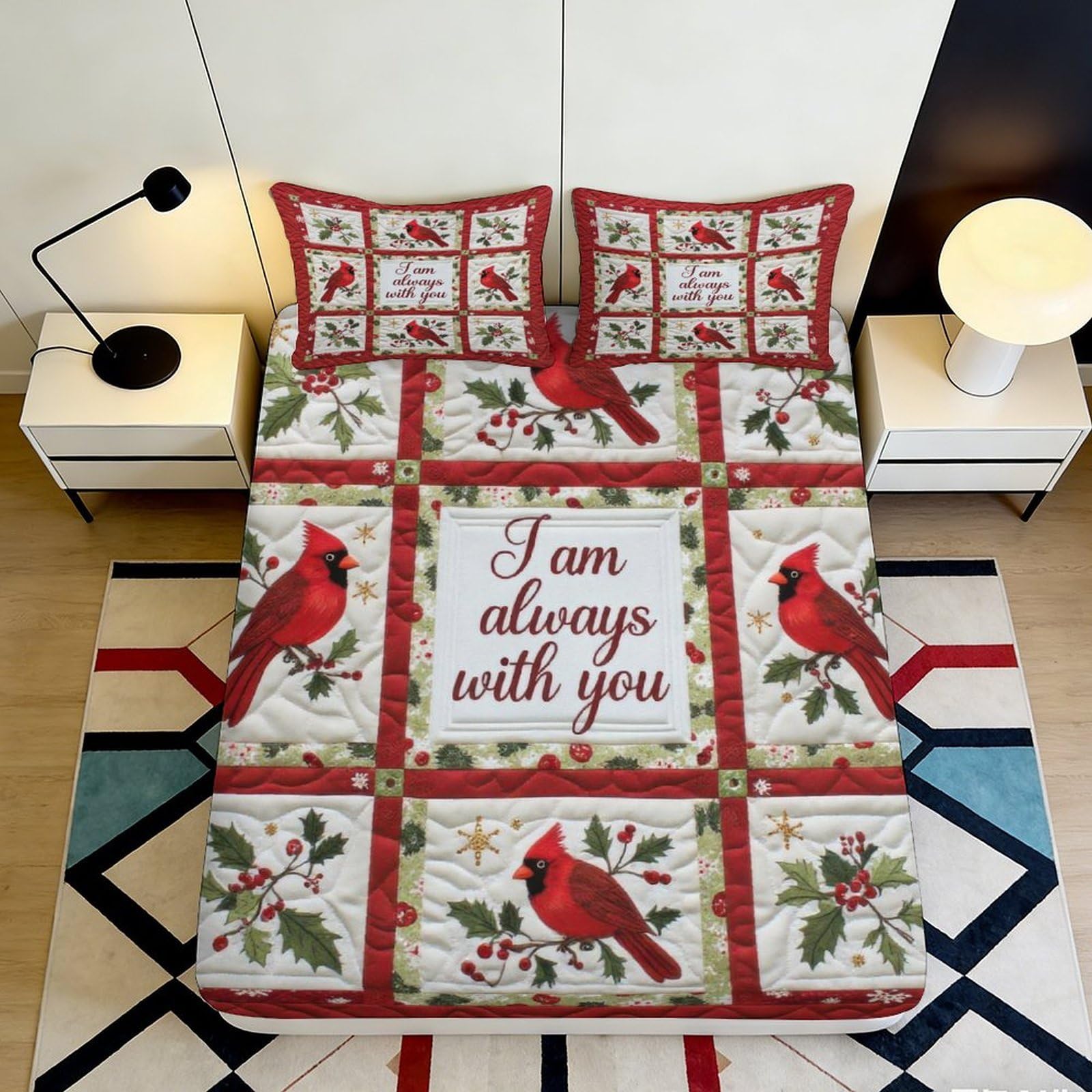 3D Printed Cardinal Pattern Fitted Sheet Microfiber Soft Breathable Holly Berries Bed Cover for Bedroom Dormitory Guest Room Mattress Protection Decor 160x200x25cm