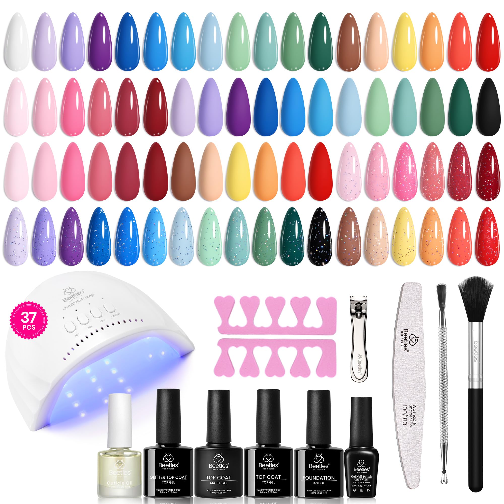 Beetles Gel Nail Polish Kit with Uv Light - 37Pcs 25 Colors Pink Red Blue Purple Green Gel Polish Starter Kit Energetic Moves for Beginners with Everything Nails Manicure Tools Gifts for Women Girls