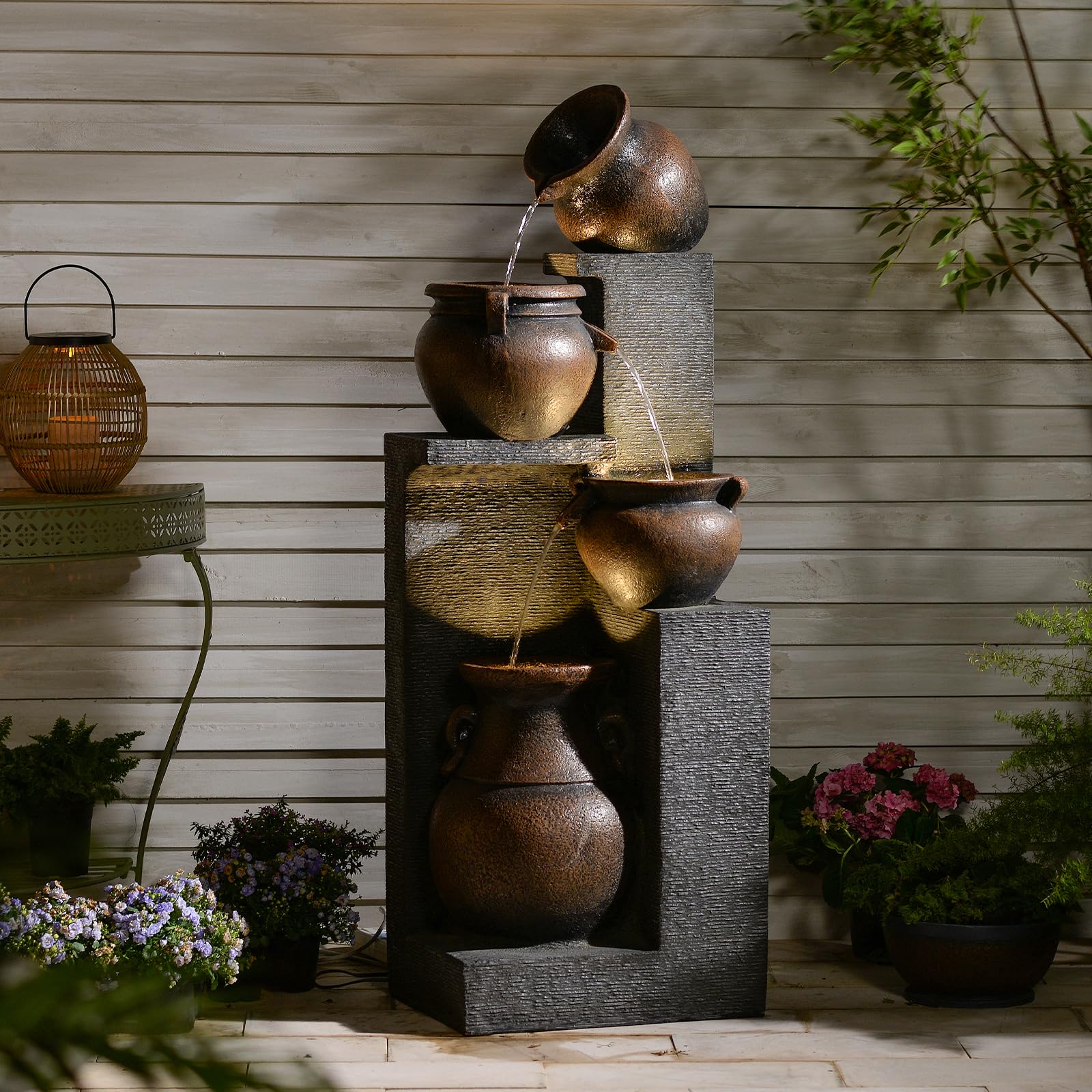 Resin Outdoor Water Fountain 4-Tier Jar Waterfall Grey