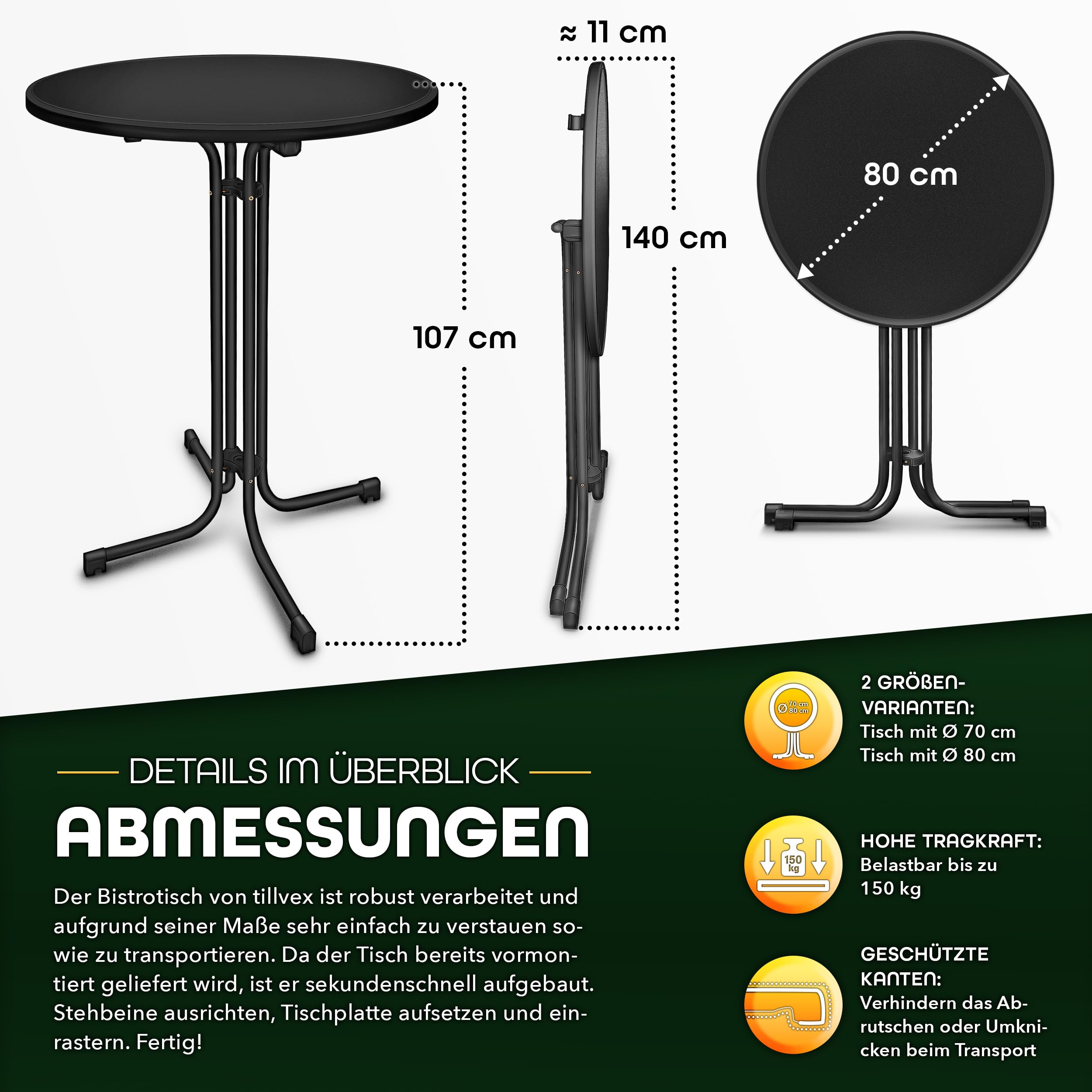 tillvex® Gastro Stehtisch klappbar Ø80cm mit Husse | Bistrotisch FERTIG MONTIERT | Klapptisch rund - wetterfester Partytisch | Gartentisch Indoor & Outdoor