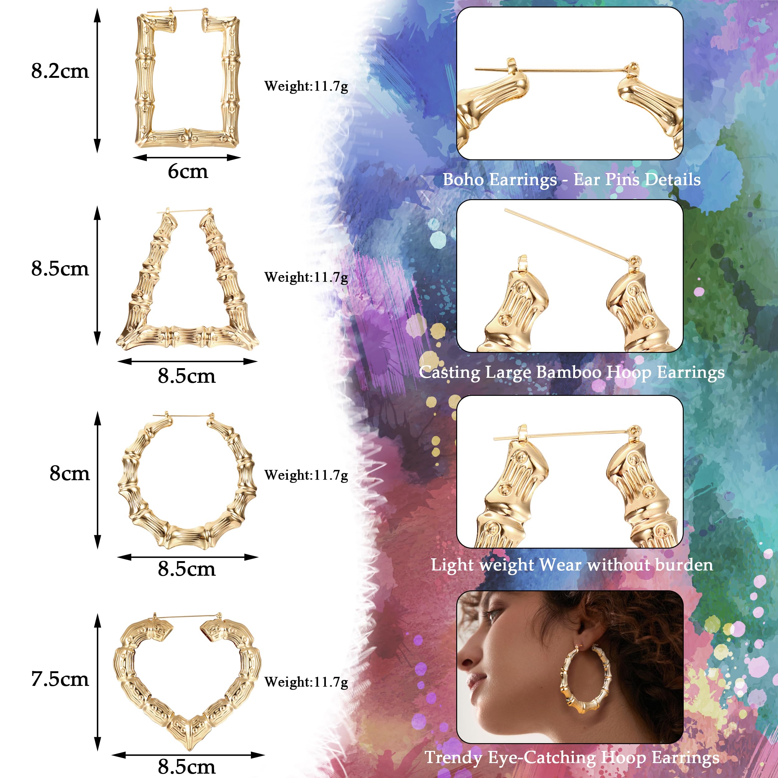 Aretes de aro de bambú para mujer, aretes grandes chapados en oro de 14 quilates, aretes de bambú de los años 80 y 90 para mujer, aretes grandes de gran tamaño, chapados en oro de 14 quilates 2