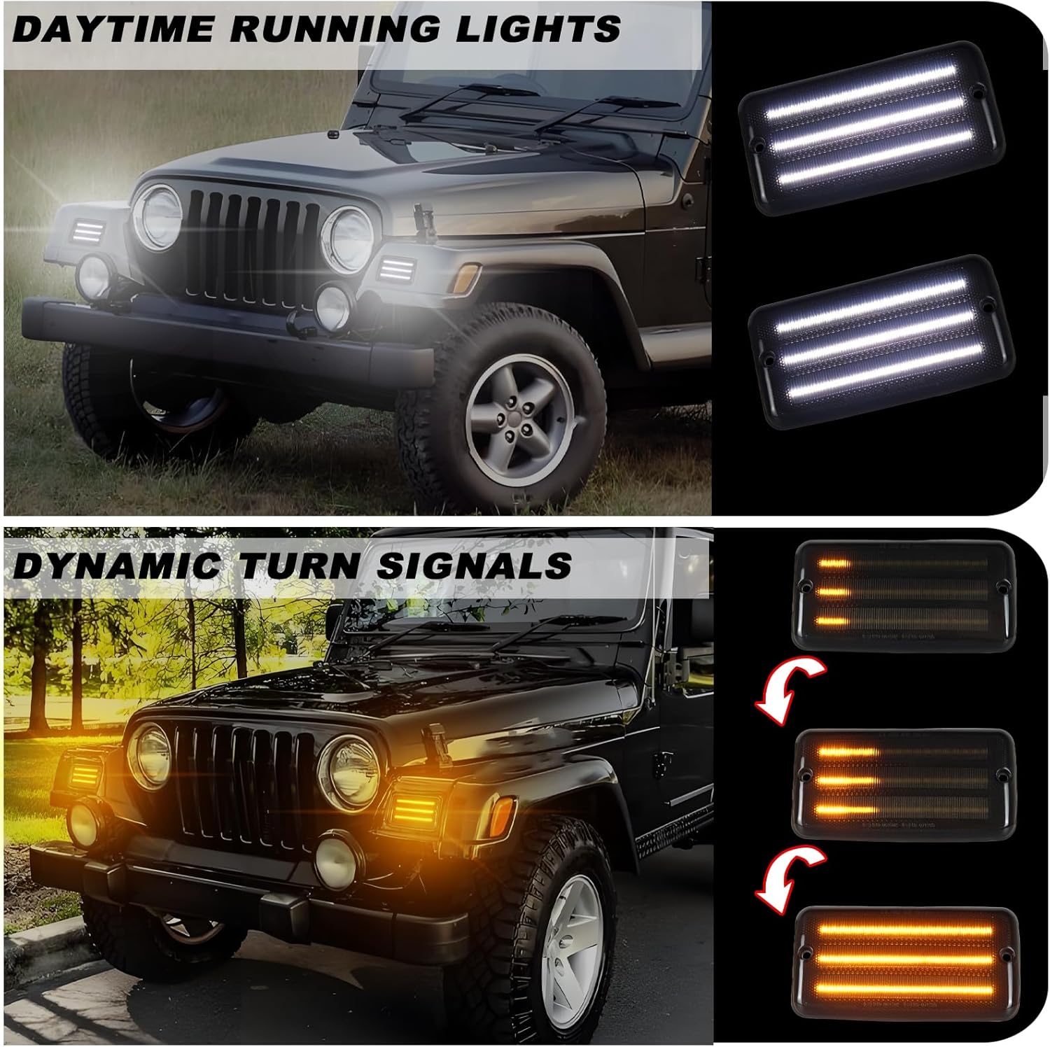 Smoked Front blinkers Kit for Jeep Wrangler TJ 1997-2006 | Switchback White DRL Daytime Running Lights & Amber Sequential Turn Signals | 2-Piece Replacement Front Bumper Indicator Lights