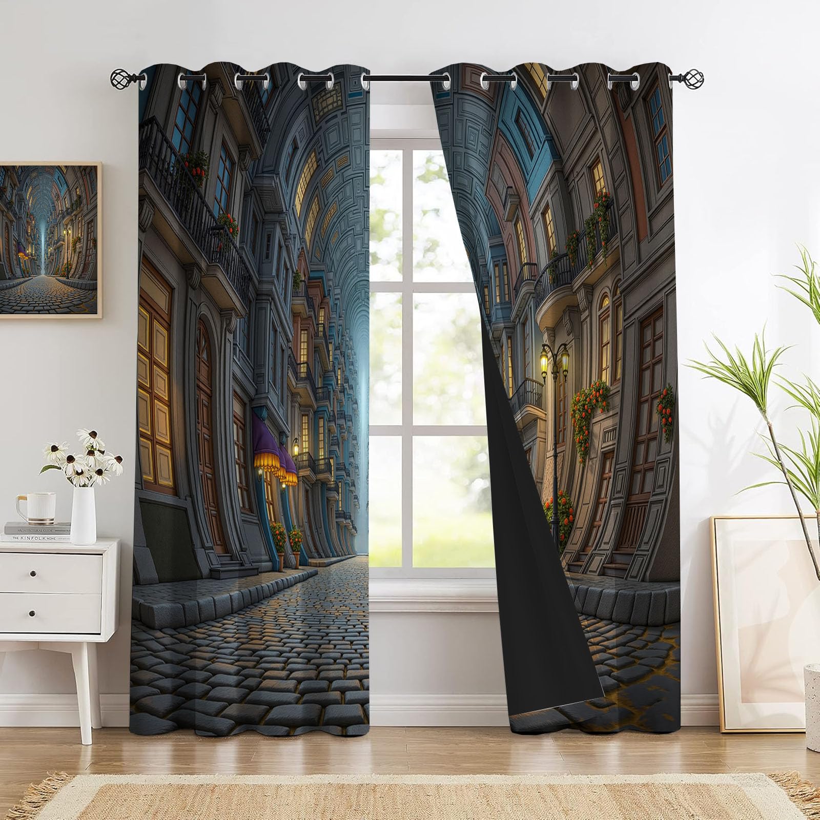 Cortinas Dormitorio Opacas Edificio Pequeño Retro Europeo, 2 Piezas140x245cm Cortinas para Ventana Calles Callejones Al Europeo Cortina con Ojales Termica para Habitacion Sala de Juego, Marrón