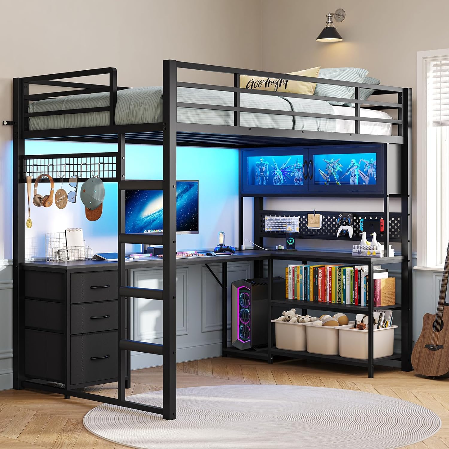 Assembled ADORNEVE Loft Bed with L-shaped desk and storage