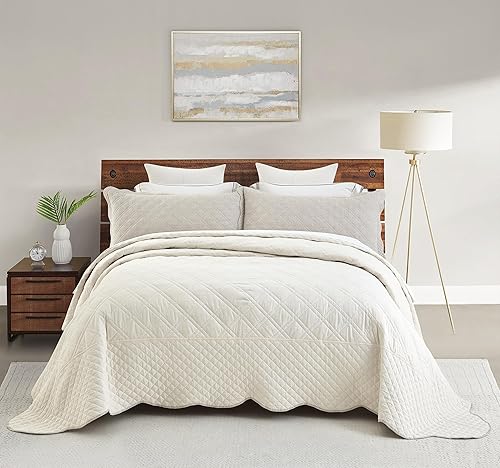 Miniatura 2 de HZ & HY Colcha extragrande para cama King, color marfil, colección de lujo, 100% lino, ultrasuave y ligera, reversible, 3 piezas, KingCal King,