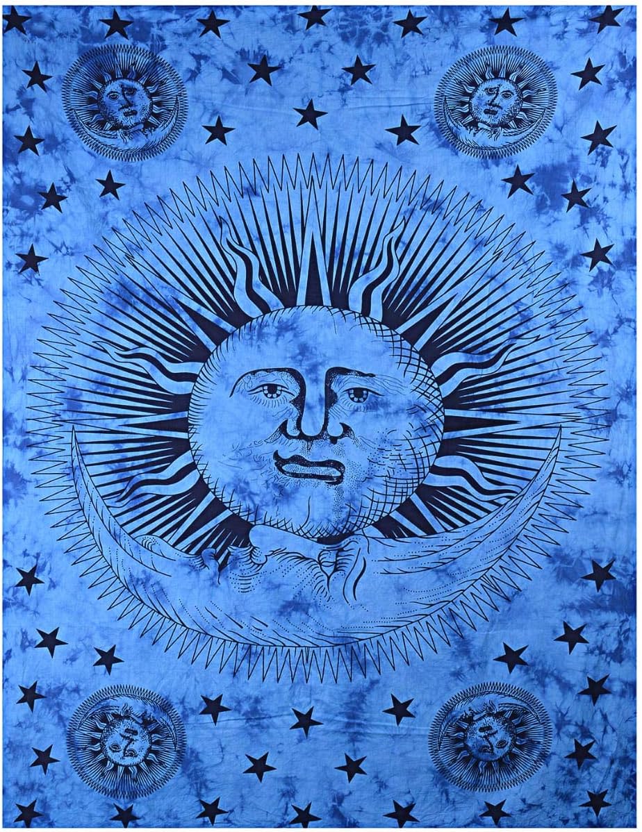 Mandala Tapestry Wall Hanging - Psychedelic Sun Moon Stars Tie Dye Hippie Hippy Celestial Indian Trippy Bohemian Tapestries (light blue, 30 X 42 Inch)