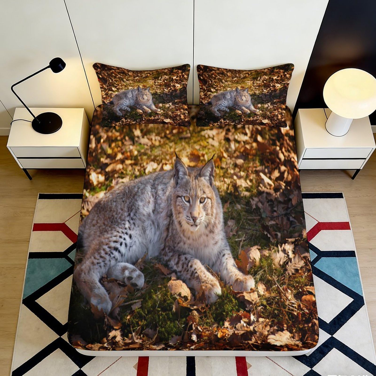 3D Printed Lynx Animal Fitted Sheet Microfiber Soft Breathable Wild Cat Bed Cover for Bedroom Dormitory Guest Room Mattress Protection and Decoration 200x200x25cm