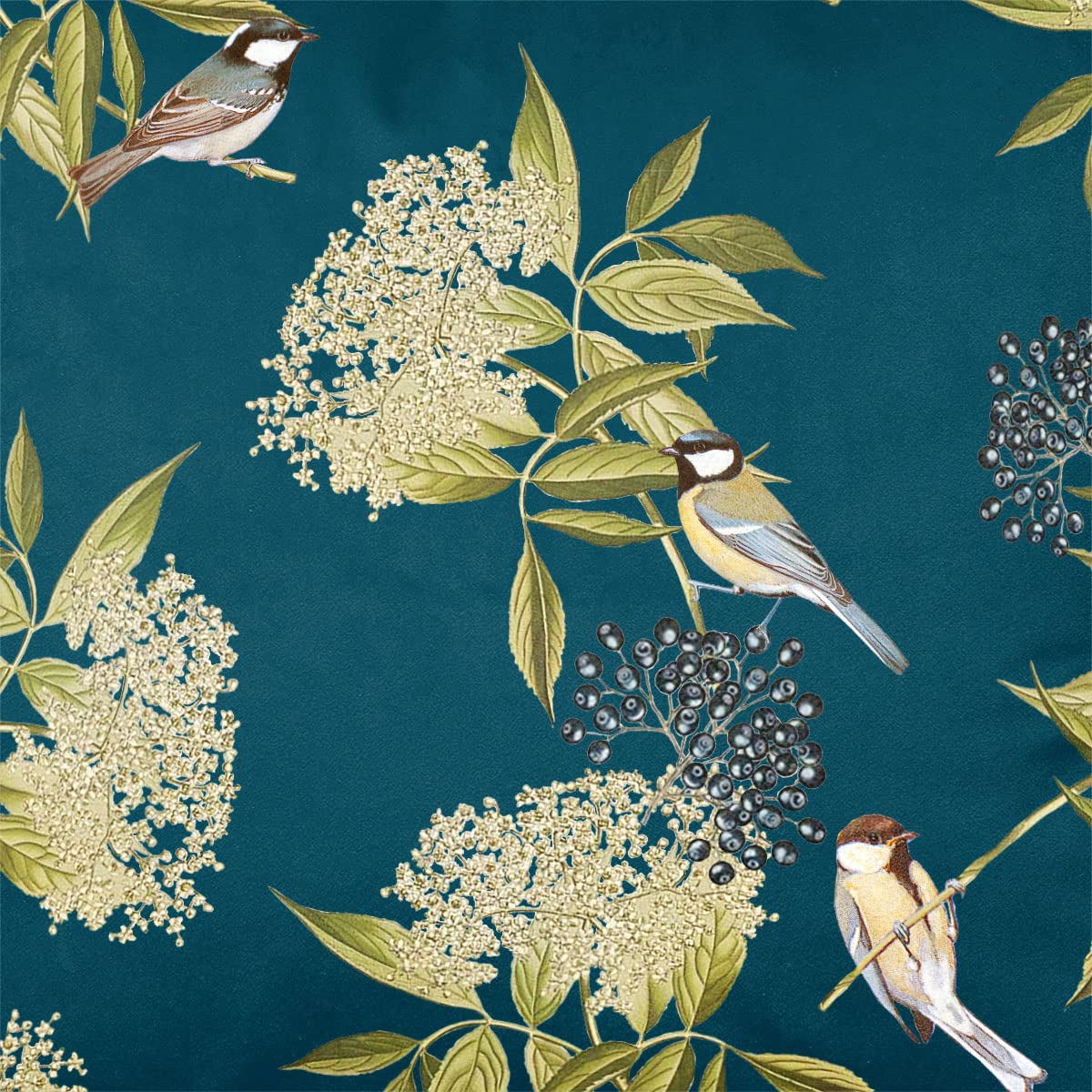 Izabela Peters Teal Luxury Upholstery Curtain Fabric - Eco-Friendly Velvet - Designer Blind, Craft, Sewing Fabric By The Metre - Bird On Elderflower - Sample