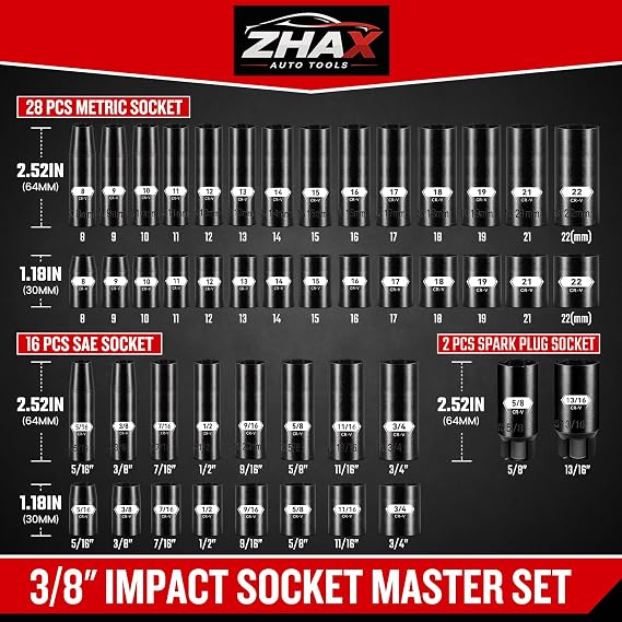 ZHAX 3/8インチドライブ6ポイントインパクトソケットセット、72個標準SAE5/16インチ~3/4インチ&メトリック8-22mmスパークプラグ付き、ディープ&シャロー、72Tレンチラチェットツールキット、Cr-V ヘビーデューティー収納ケース付き