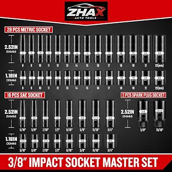 ZHAX 3/8インチドライブ6ポイントインパクトソケットセット、72個標準SAE5/16インチ~3/4インチ&メトリック8-22mmスパークプラグ付き、ディープ&シャロー、72Tレンチラチェットツールキット、Cr-V ヘビーデューティー収納ケース付き