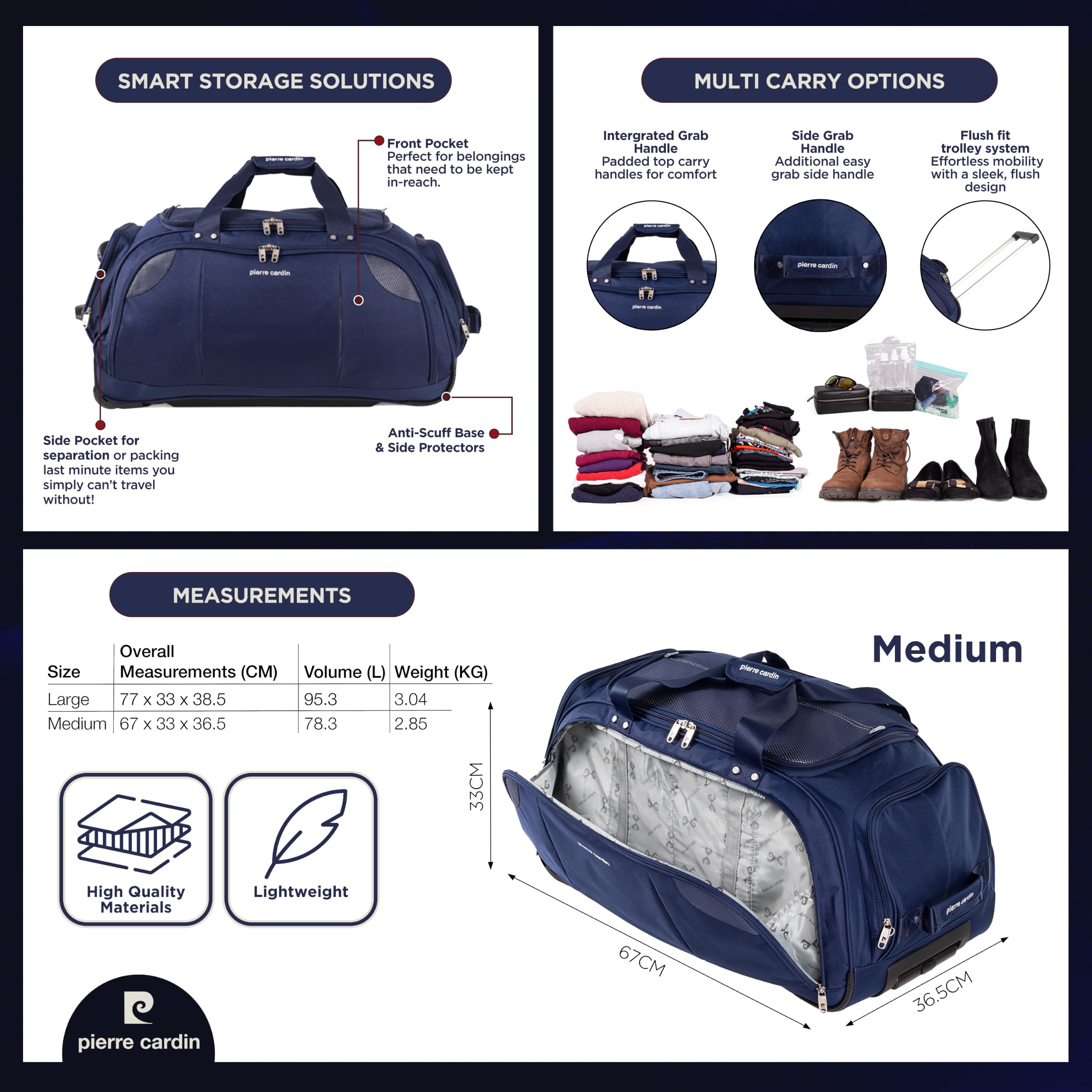 Pierre Cardin CL769 - Borsone leggero e grande con rotelle, resistente alle sollecitazioni, con rotelle e opzioni di trasporto, borsa da viaggio con ruote, Nero, Medium Navy 26", Custodia a rullo