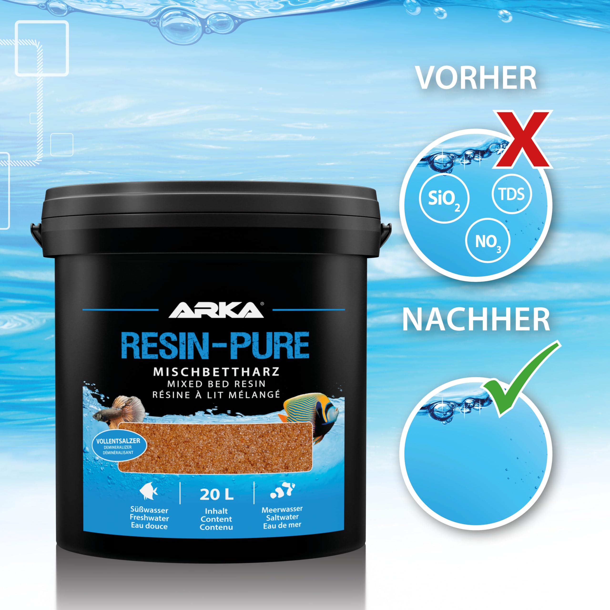 Vollentsalzer Harz 4 L – Mischbettharz für Osmoseanlagen, Resinfilter & Reinstwasser – gegen TDS, Silikat, Nitrat & Phosphat – für Meerwasser- und Süßwasseraquarien – ARKA Resin-Pure