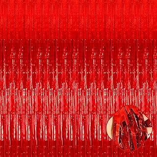 3 Pack Foil Fringe Curtains Backdrop, 3.28Ft x 8.2Ft Metallic Tinsel Foil Fringe Streamer Curtains for Photo Booth, Christmas, Halloween, Birthday, Wedding Party Decorations(Red)