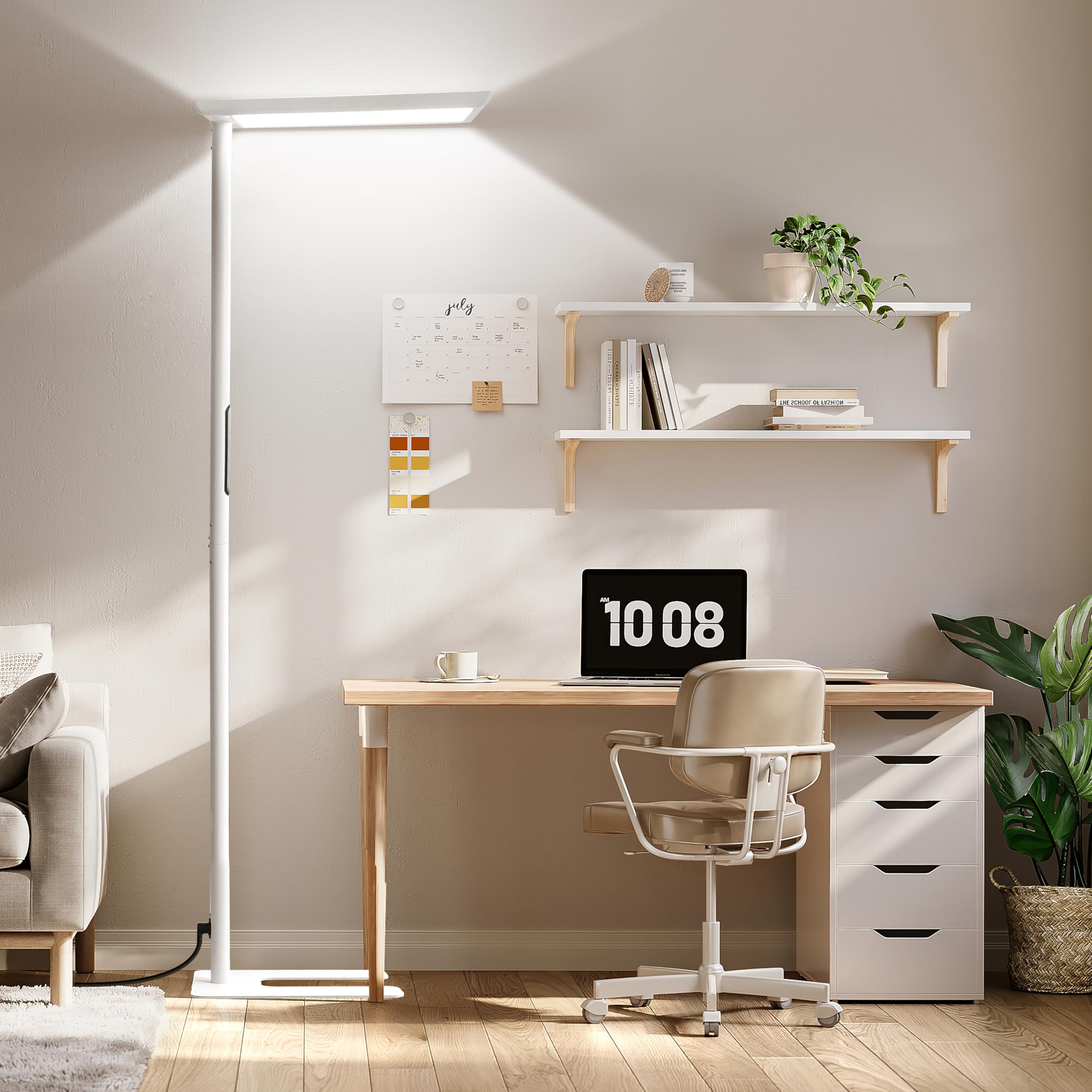 Büro Stehlampe – UGR<16, CRI>98, 7000lm, 4000K, Vollspektrum | 7000lm Tageslicht | UGR<16 blendfrei + CRI>98 | Vollspektrum 4000K | 60W+50W dimmbar | Büro, Kinderzimmer, Lesen | 198cm