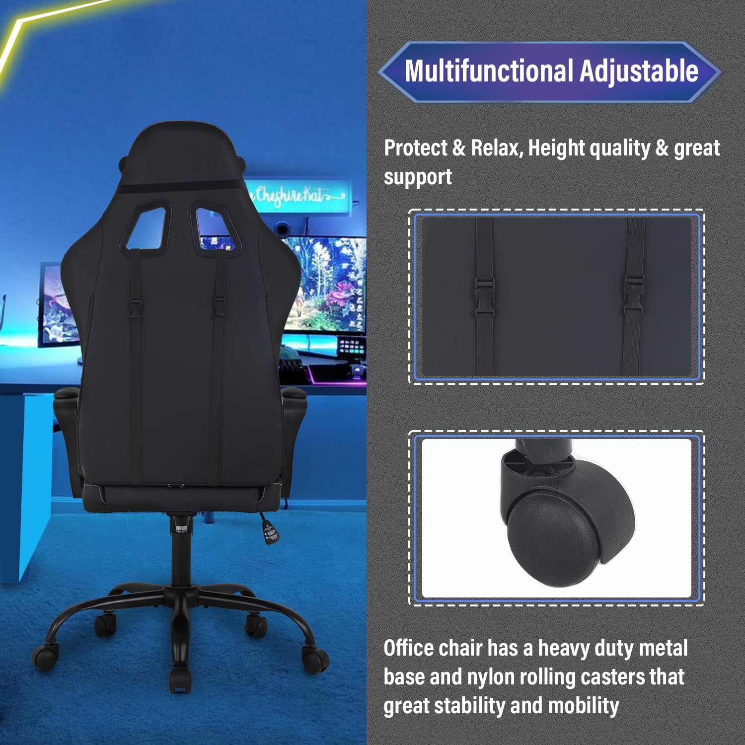 Furniture of America Kris Modern Faux Leather Upholstered Reclining Gaming Chair with Headrest Pillow, Ergonomic, Swivel, Rolling for Recreation Room, Studying, Black and White image 7 of 9 B0FGKLQ779