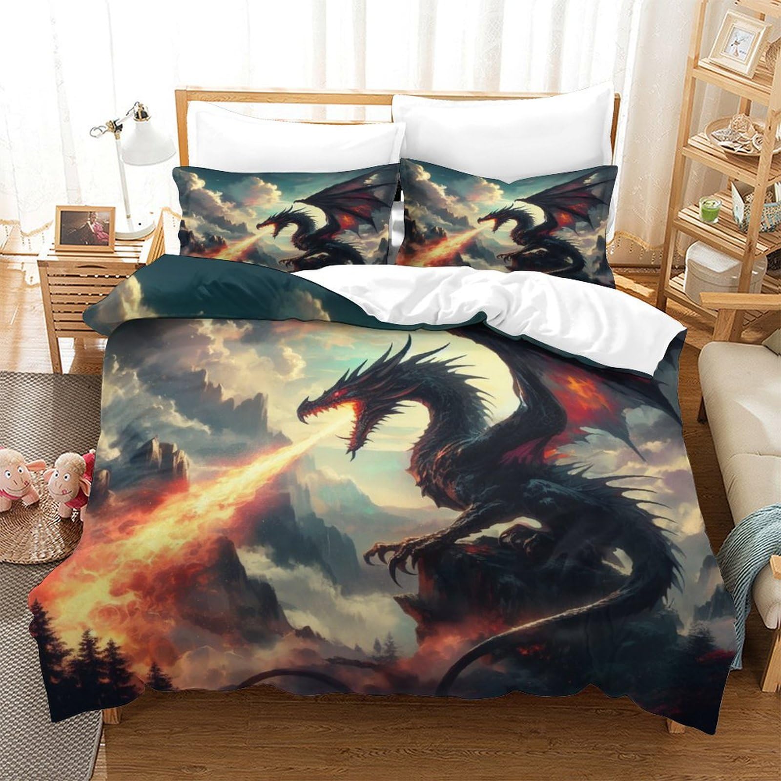 Qpirinmex Flying Dragon-16 Flying Dragon Quilt Cover 3D Printed Soft Microfiber Flame Dragon Duvet Cover Set With Zipper Closure 3 Piece Comforter Cover For Adults Kids Bedding Set With Pillowcase Single（140X200cm）
