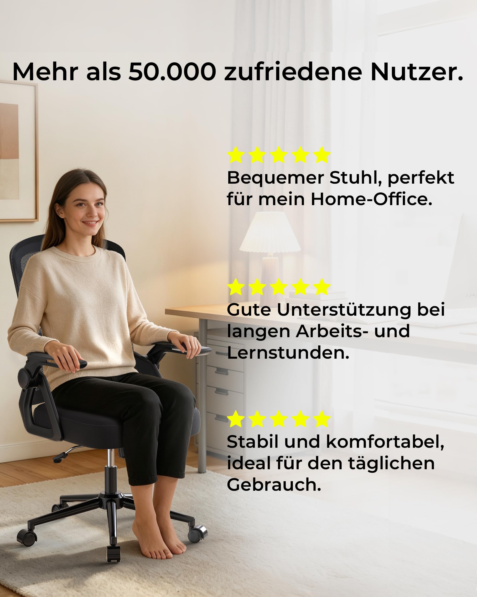 rattantree Schreibtischstuhl Ergonomischer Schwarz für Zuhause Büro | Bürostuhl mit Verstellbaren Armlehnen, Drehstuhl mit Netzbespannung, Lordosenstütze, Höhenverstellbarer, Wippfunktion
