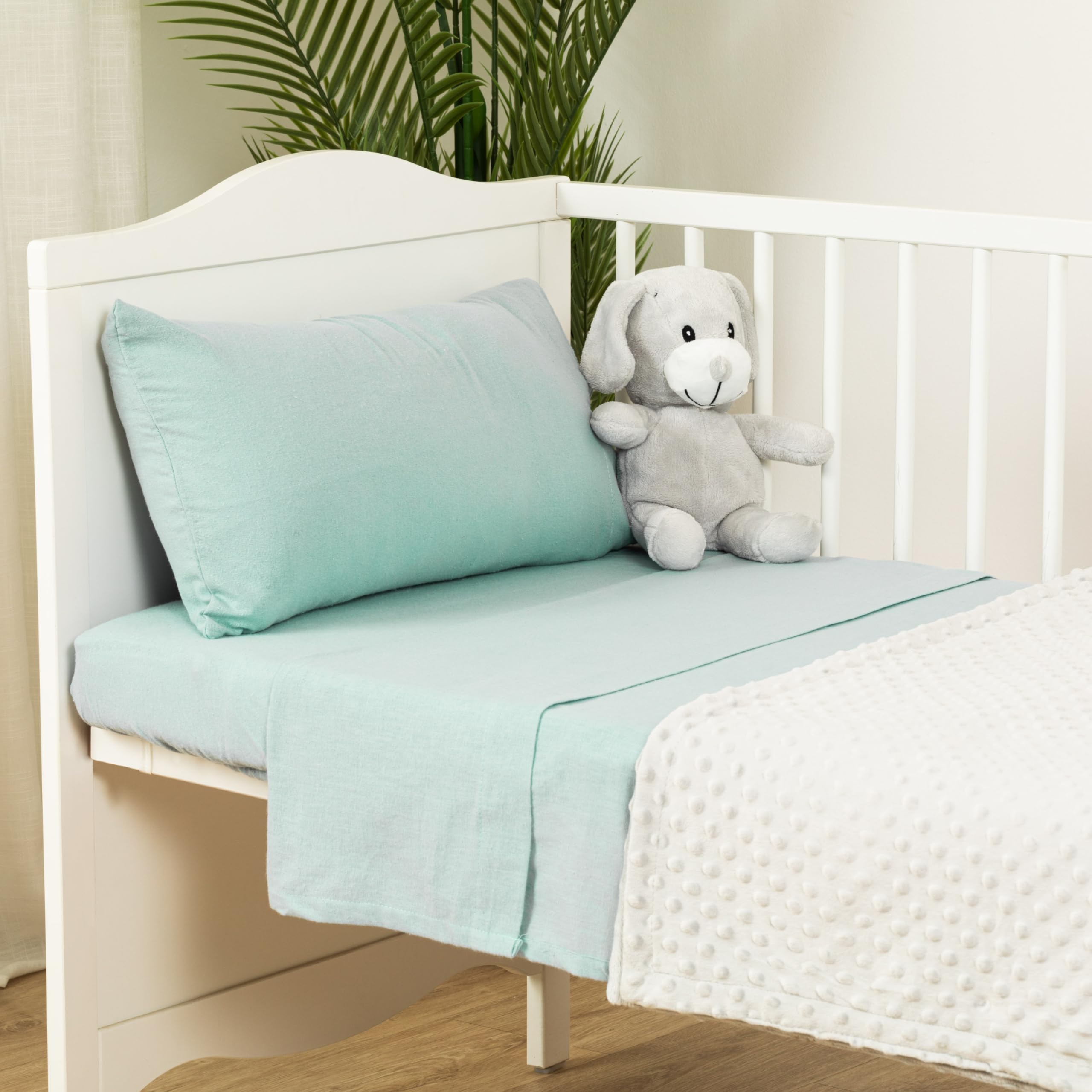 TRAMAS+ Juego de Sábanas de Franela para Cuna y Minicuna, Sábanas 100% Algodón Térmicas y Suaves para Bebé, Ropa de Cama 3 Piezas - (Minicuna - 50x80 cm, Verde Tiffany)