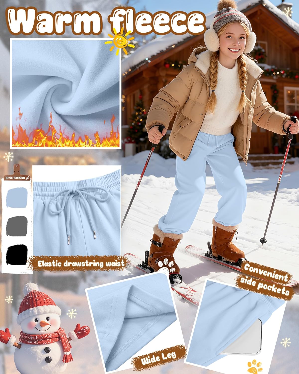 3 Pack Girls' Sweatpants Fleece Lined Wide Leg Drawstring Casual Kids Open Bottom Pants with Pockets Teen Girl - Image 3