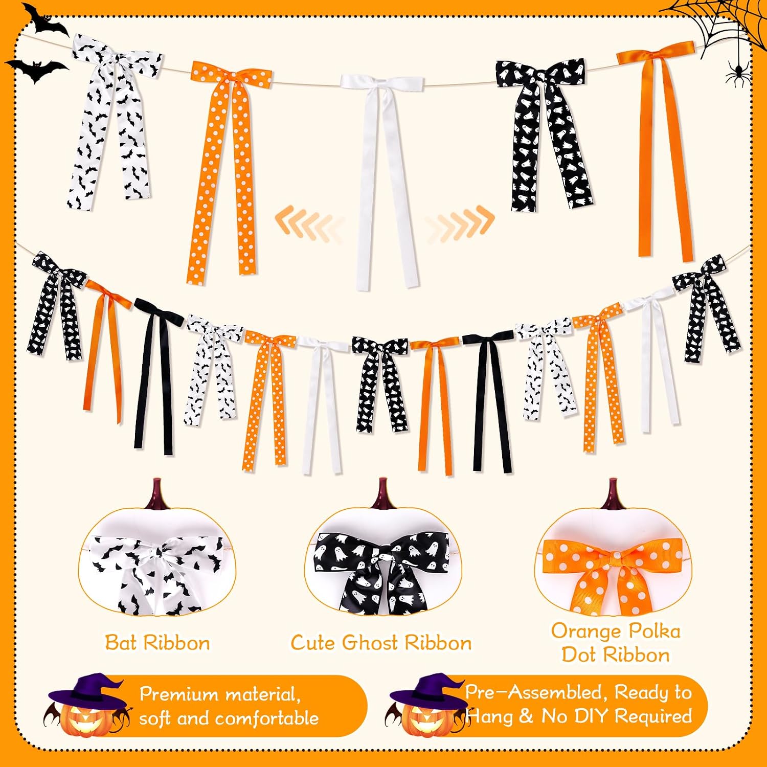 Halloween Bow Garland Banner, Black Orange Halloween Ghost Bat Bows Garland