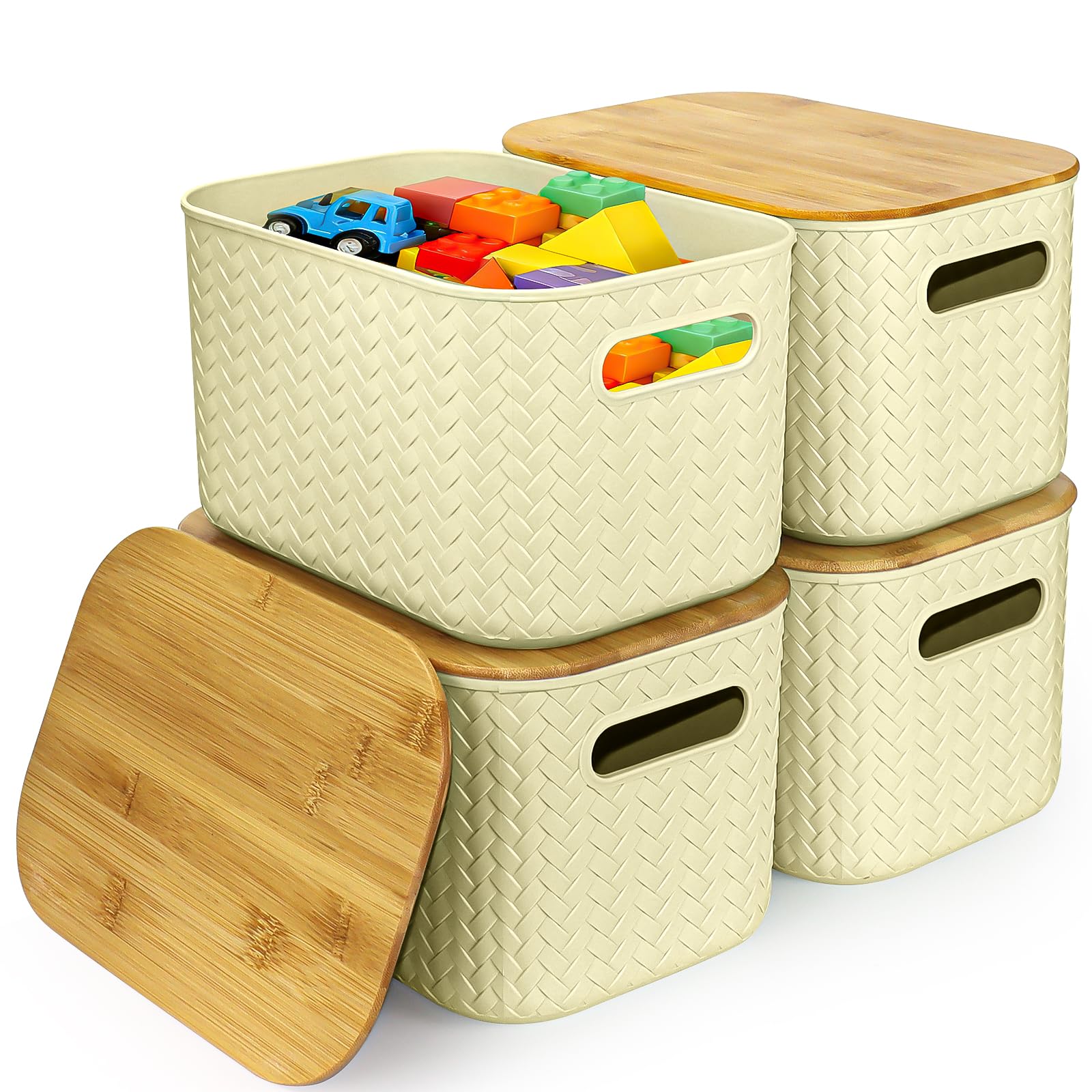 XJGQZ 4 Pack Plastic Storage Boxes with Wooden Lids, Stackable Organiser