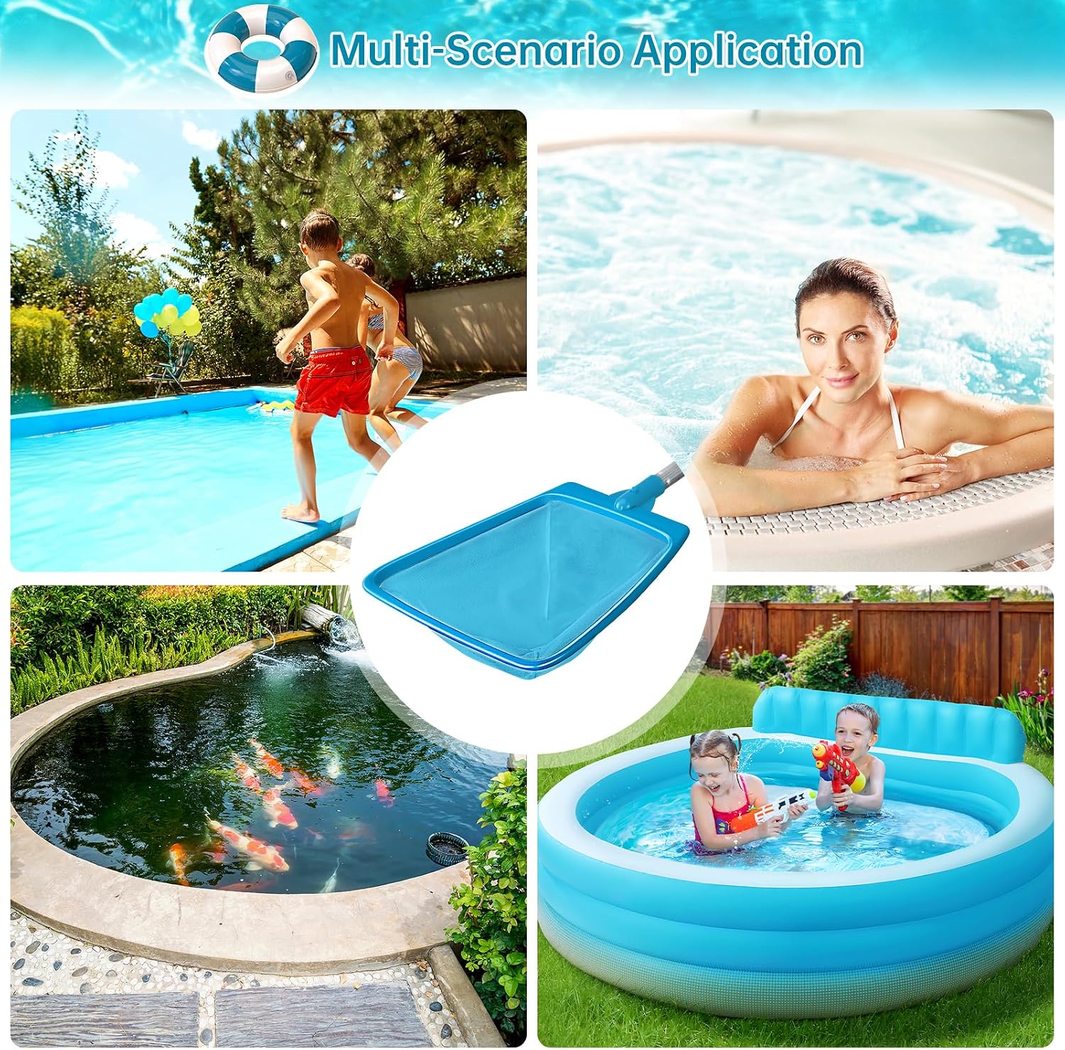 Pool Net, Professional Swimming Pool & Hot Tub Skimmer Net Accessories, Heavy Duty Pool Leaf Rake Cleaning Tool with Pole, Fine Nylon Mesh Bag Easy to Clean Bugs, Debris, Leaves(Blue)