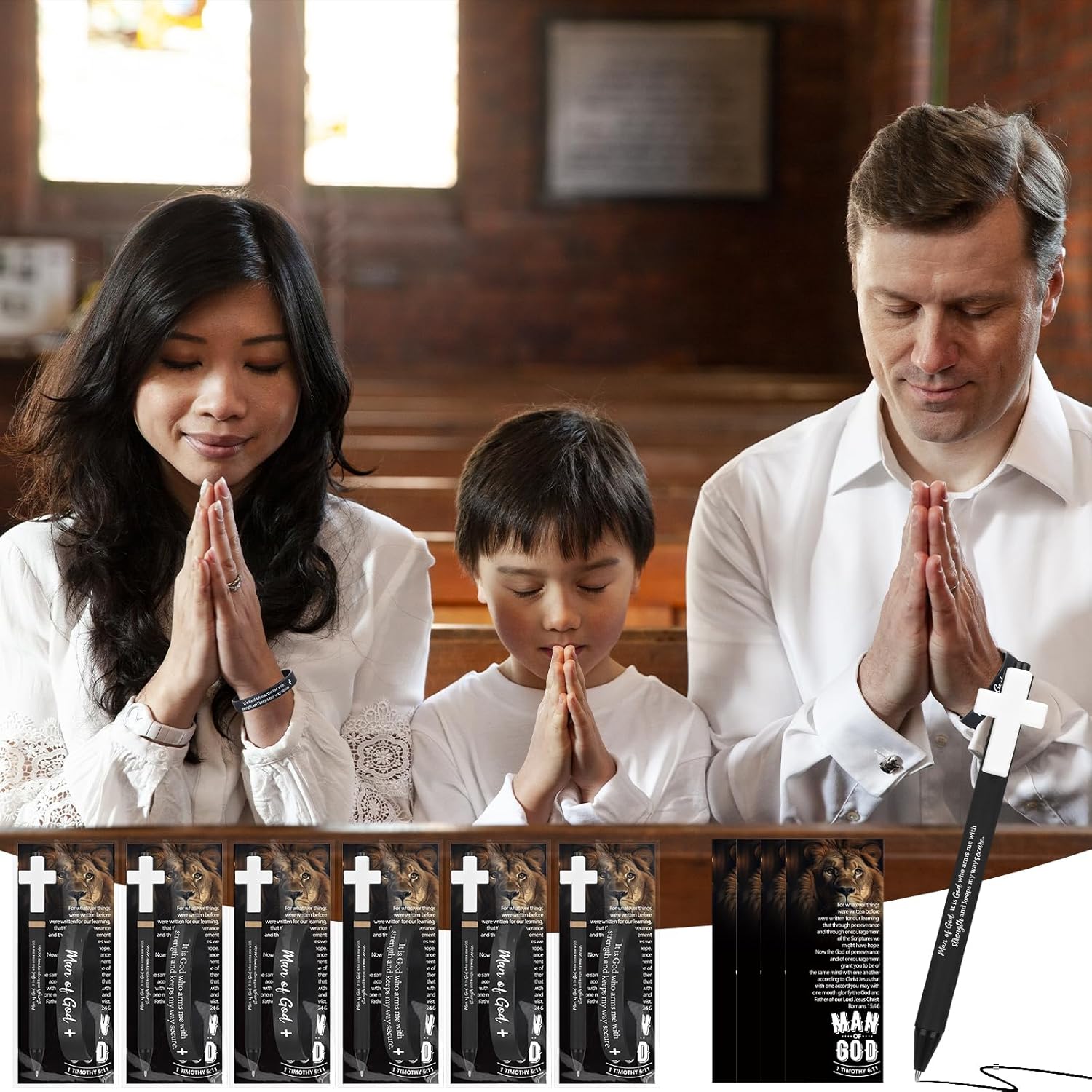 50 Sets Man of God Gifts Bulk Christian Ballpoint Pens with Wristbands Bracelets Bible Verse Cards for Men Father's Day Church Dad Godfather Pastor Religious Christmas Easter Party Favors (Style B)