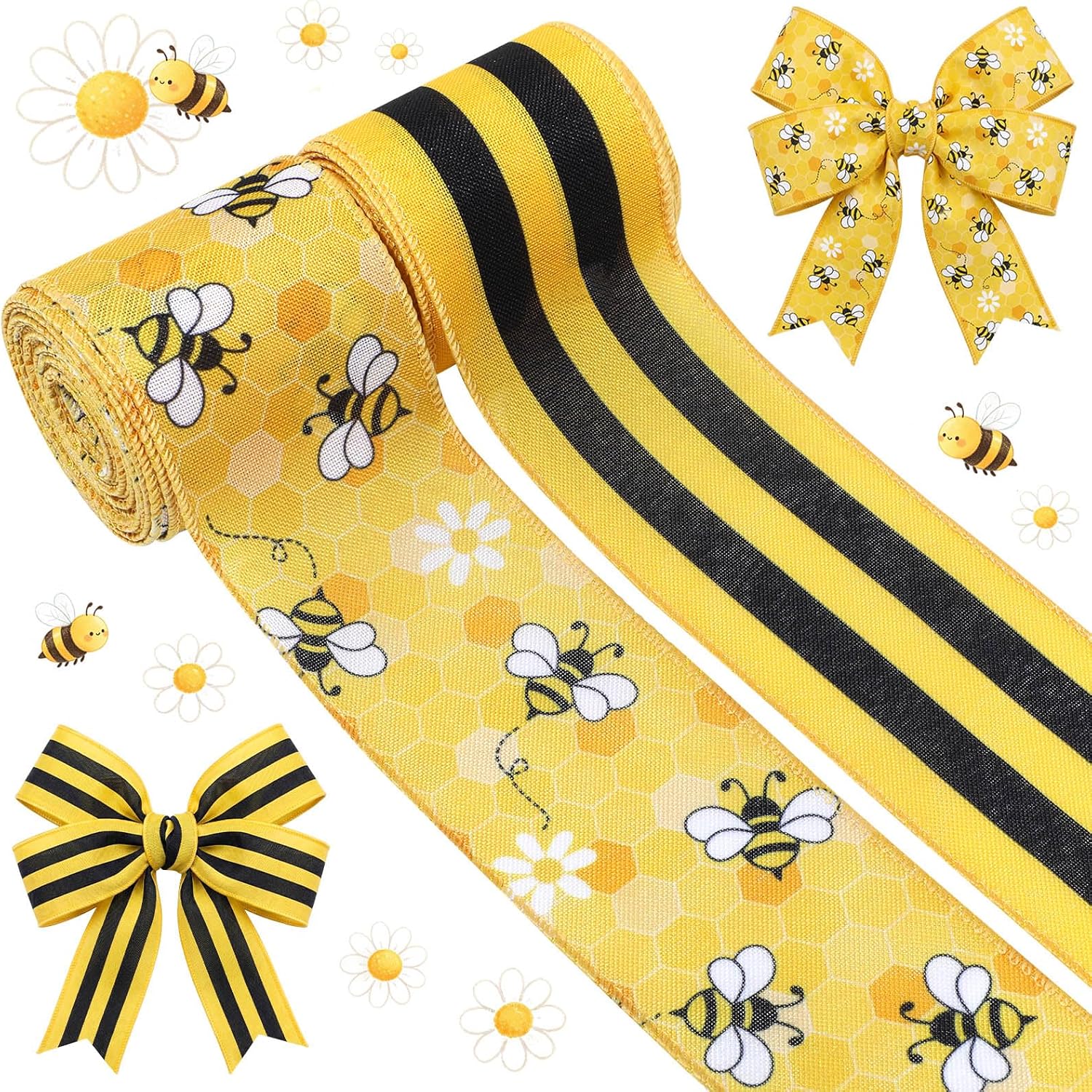 Bee Wired Ribbon, Bumble Bee Honeycomb Daisy Pattern, 2.5" x 10 Yards