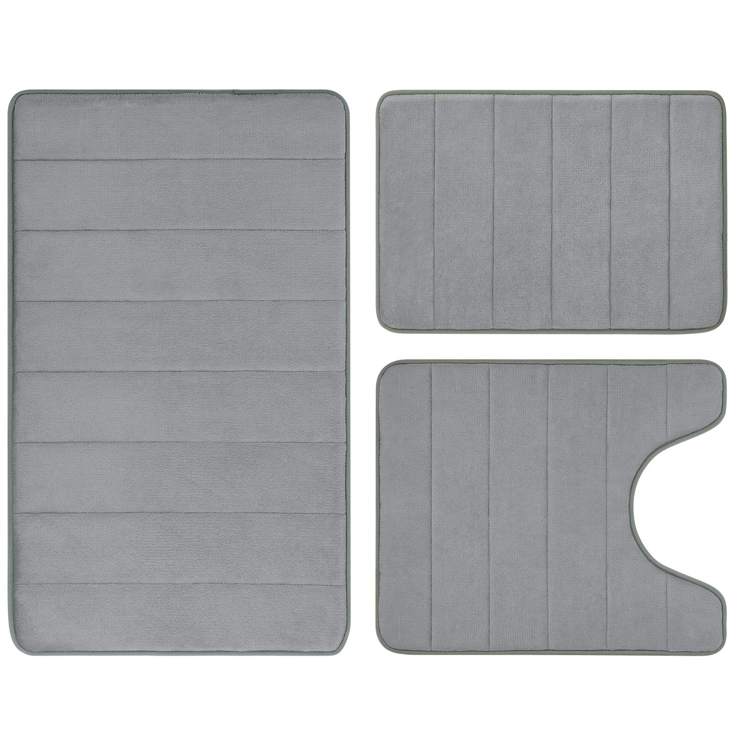 BYSURE Grey Memory Foam Bathroom Rug Set 3 Piece, Non Slip Extra Soft Absorbent Bath Mats, Machine Washable & Dry Toilet Mat Sets for Bathroom Floor