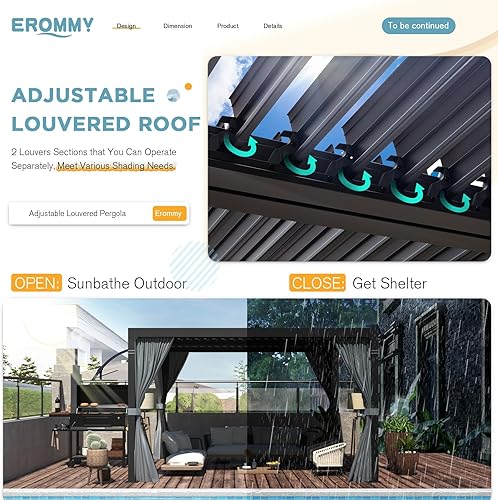 Miniatura 10 de EROMMY Pérgola con listones de 11 x 13 pies, para exteriores, con marco de grano de madera de aluminio y techo ajustable de metal resistente a la