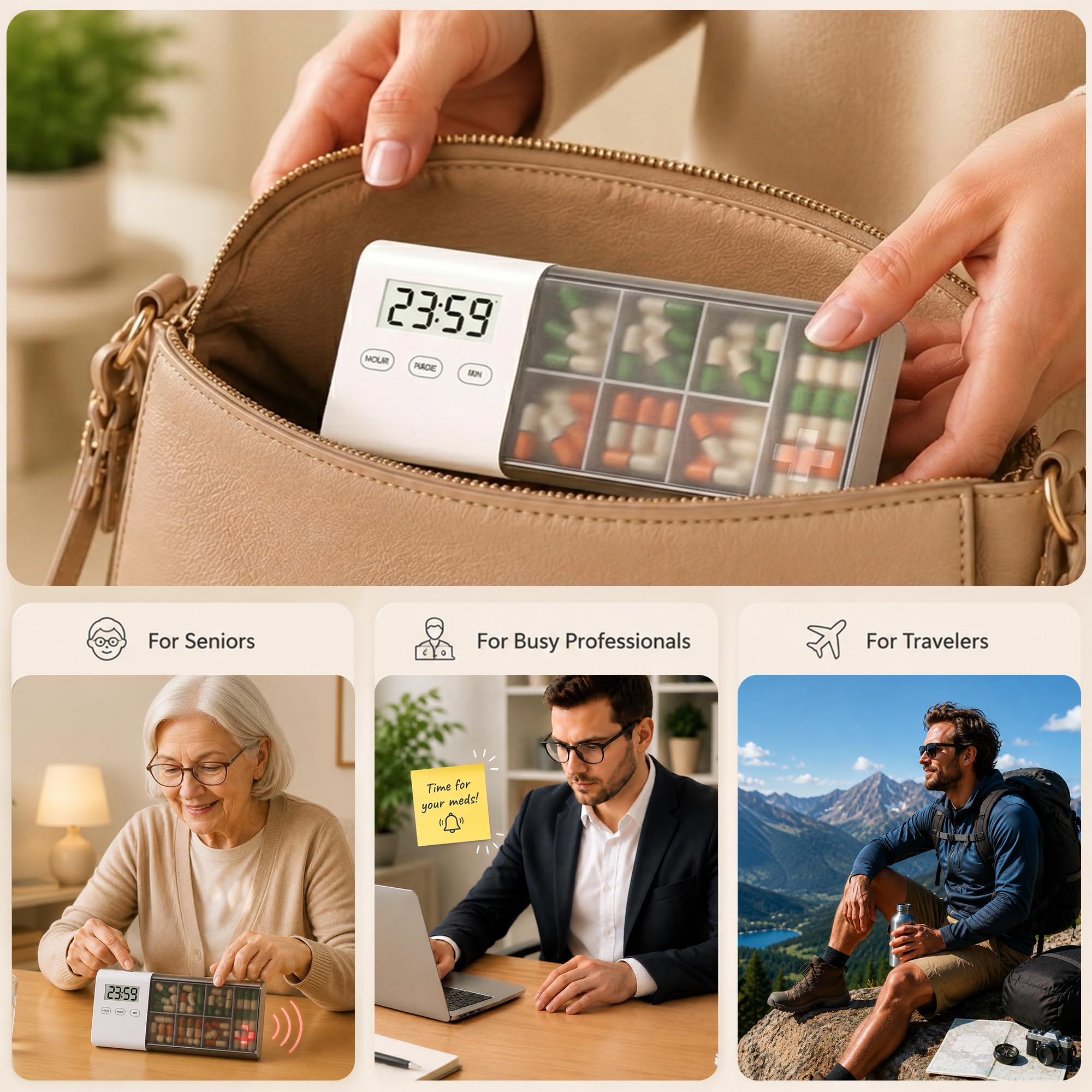 Portapillole 7 Giorni con Allarme,Portapillole Elettronico con 5 Promemoria | Portapillole elettronico intelligente con triplo promemoria (suono, vibrazione & luce), batteria 80 giorni & design Pop-Up
