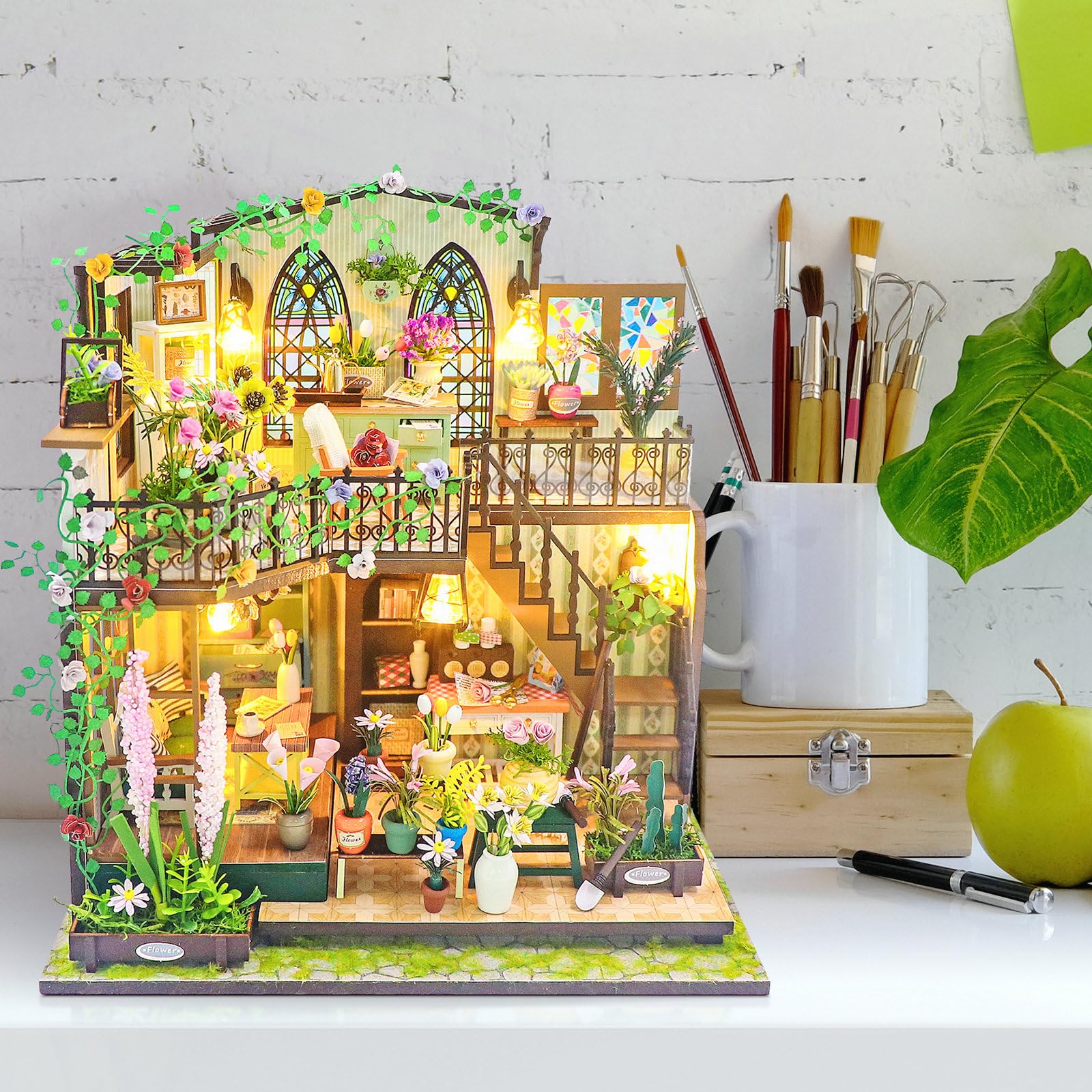 Cuteefun Miniatura Casa Delle Bambole Kit, Dollhouse in Legno con LED, Kit Casa Minuscola per Adulti da Costruire, Regali Unici per Compleanni, Natale(Casa di Fiori)