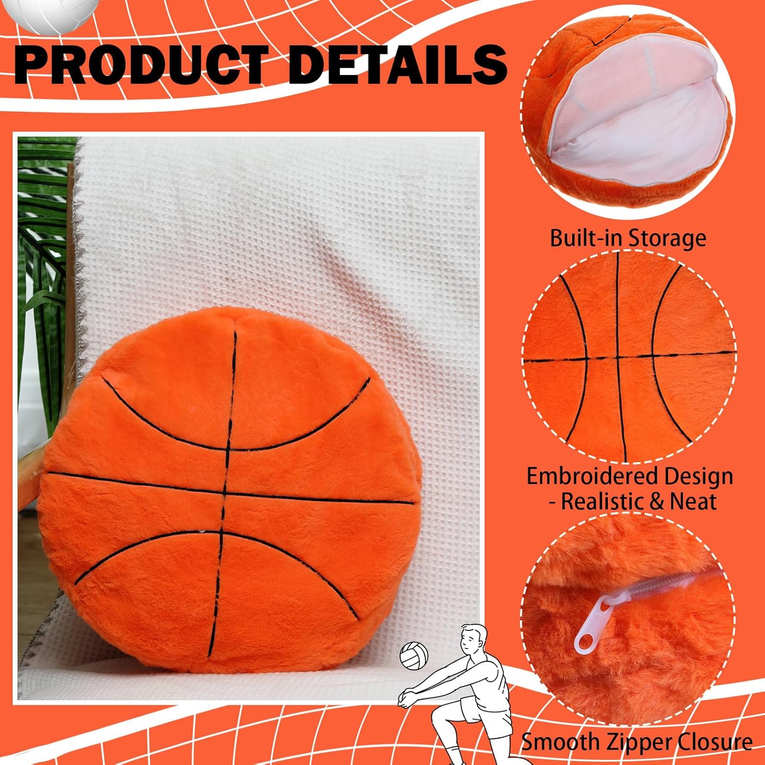 2 Pcs Winter Valentine's Day Gifts Ball Blanket & Pillow Set - 50 x 60 Inch Flannel Throw with 14 Inch Plush Pillow, Cozy Sports Themed Blanket Winter Gift for Ball Lovers (Basketball) - Image 4