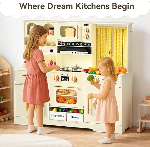Miniatura 7 de Juego de cocina para niños pequeños con cajas de almacenamiento de fieltro y gancho de rango, juego de cocina de madera para niños con horno,