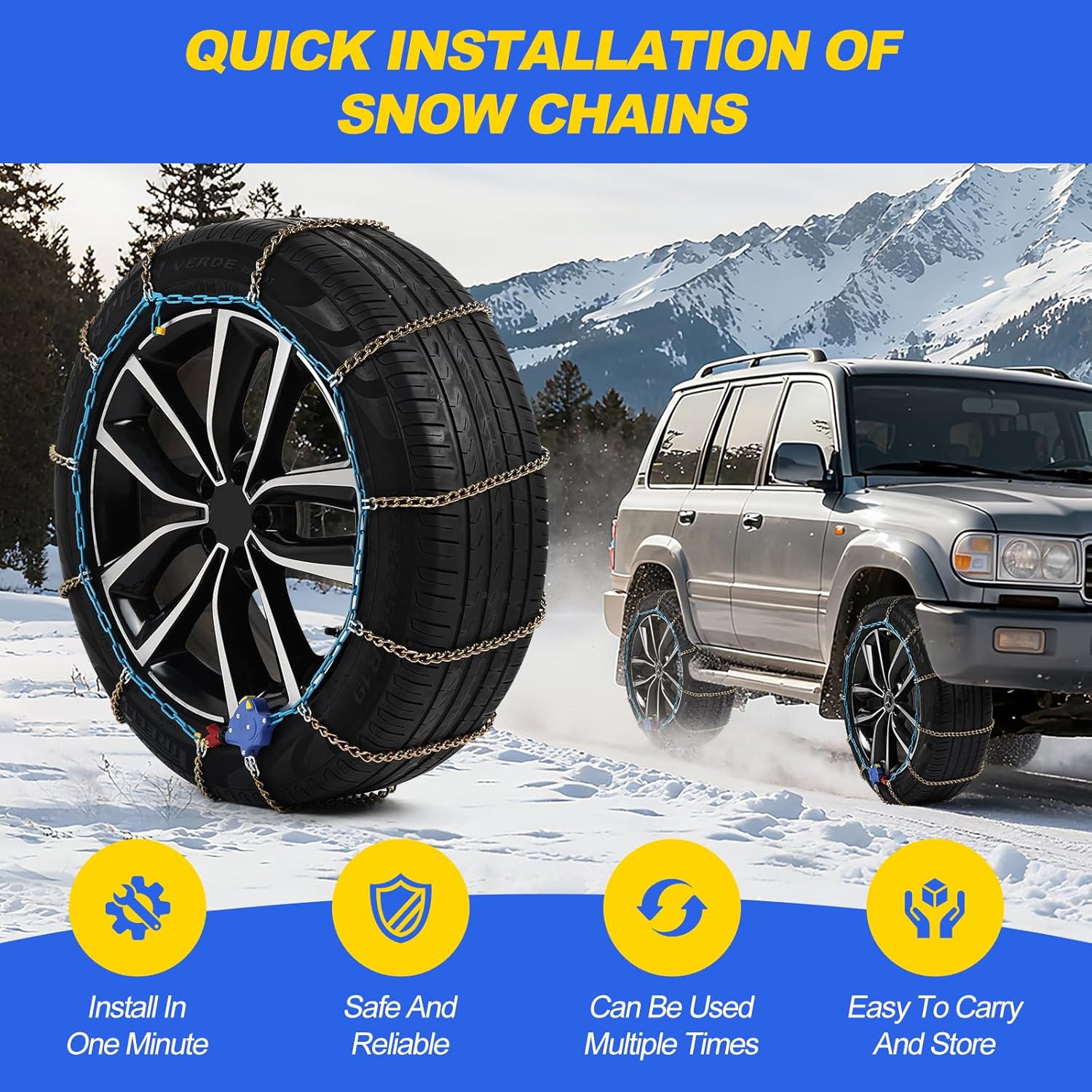 Auto Tightening Snow Chains for Cars, SUVs & Pickup Trucks – 1-Min Quick-Fit Auto Installation, Reusable Universal Emergency Traction Tire Chains – Set of 2?ALN130?