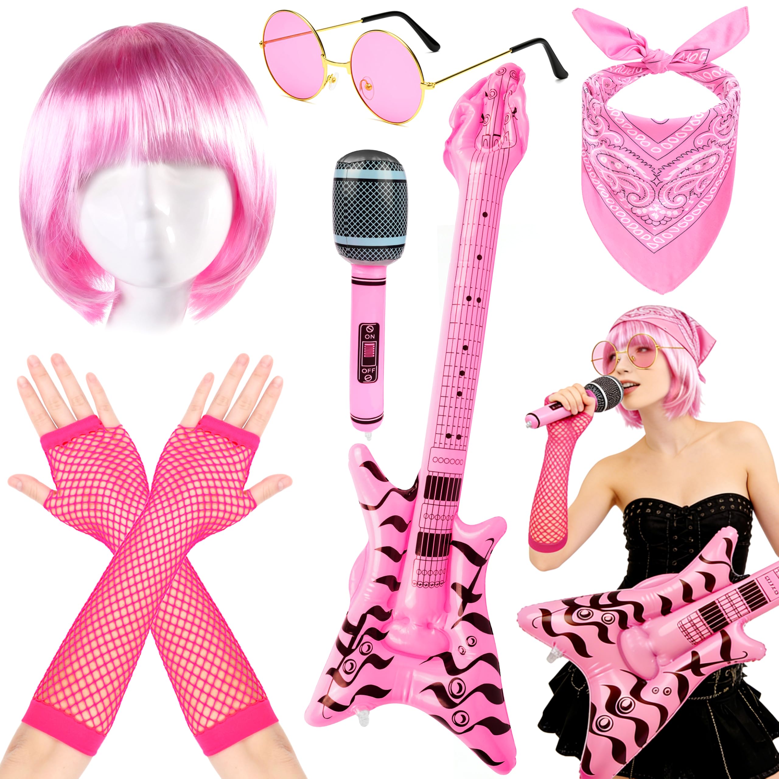 Wynlora Punk Gothic Rocker Accessories, Heavy Metal Rock Costume Set with Pink Wig Inflatable Guitar Microphone Gloves Glasses Bandana for Women Adult Cosplay Party