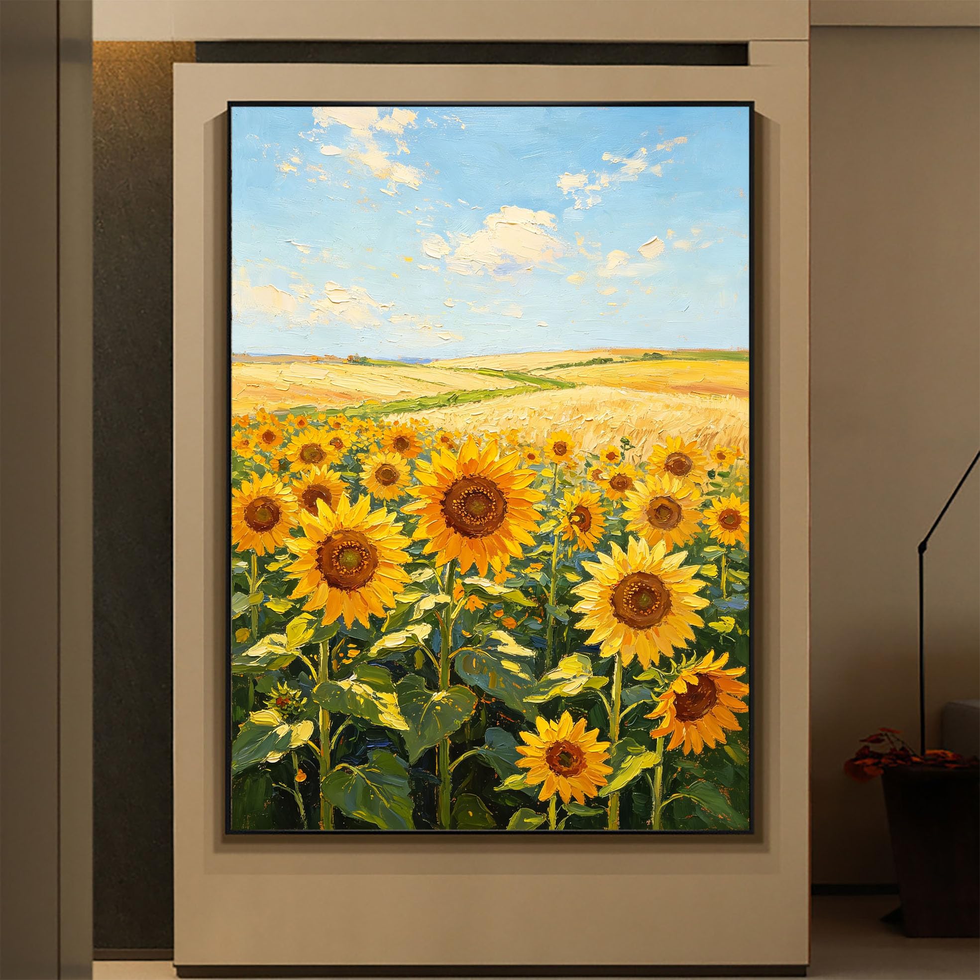 LCDIUDIU Dipinto A Olio Su Tela, Paesaggio Materico Dipinto A Mano, Senza Cornice, Campo Di Girasoli, Grano Dorato, Cielo Blu, Opera D'Arte Su Tela, Prato Rurale, Decorazione Murale per La Casa, Sog