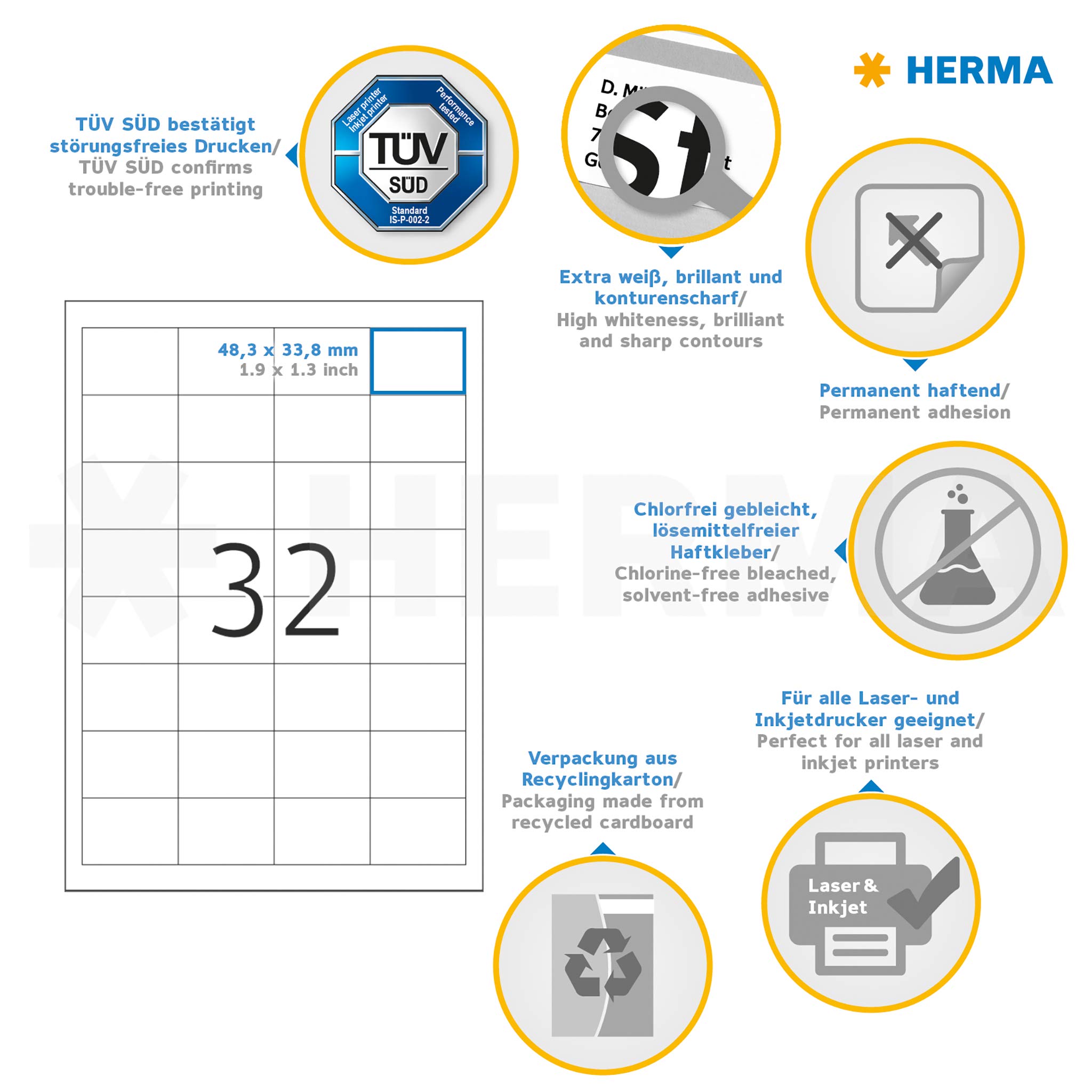 HERMA 4200 Universal Etiketten, 25 Blatt, 48,3 x 33,8 mm, 32 pro A4 Bogen, 800 Stück, selbstklebend, bedruckbar, matt, blanko Papier Klebeetiketten Aufkleber, weiß