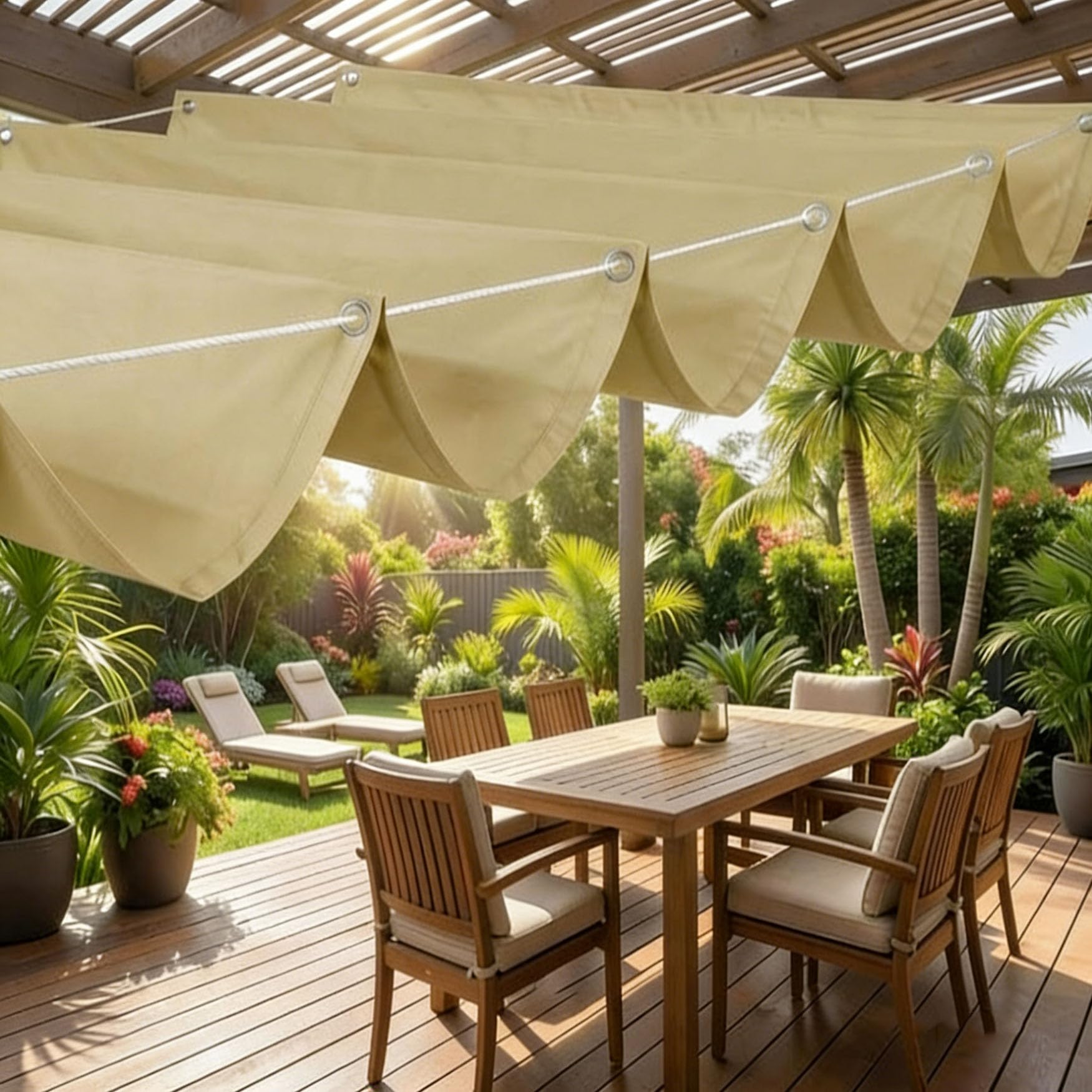 Einziehbar Welle Sonnensegel 120 x 400 cm Uv-Schutz Reißfest Sonnenschutz Wasserdicht Winterfest mit Ösen Verstellbar Welle Markisenstoff für Balkon, Terrasse, Pavillons, Hof, Creme Farben