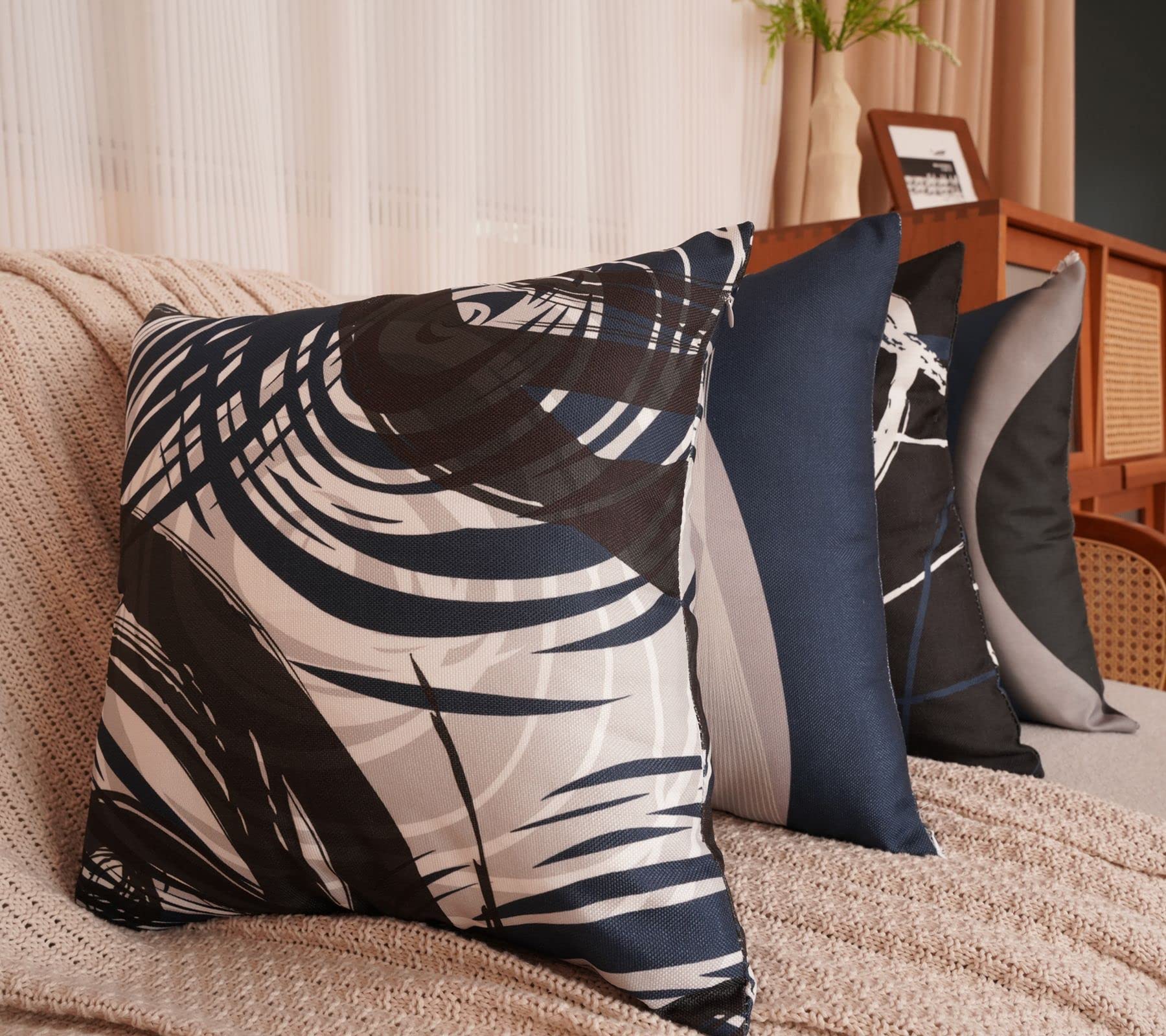 EZVING Set di 4 federe per cuscini con motivo astratto blu navy, 40 x 40 cm, filo da cucito stretto, chiusura a cerniera, moderna in lino, per patio, camera da letto, divano