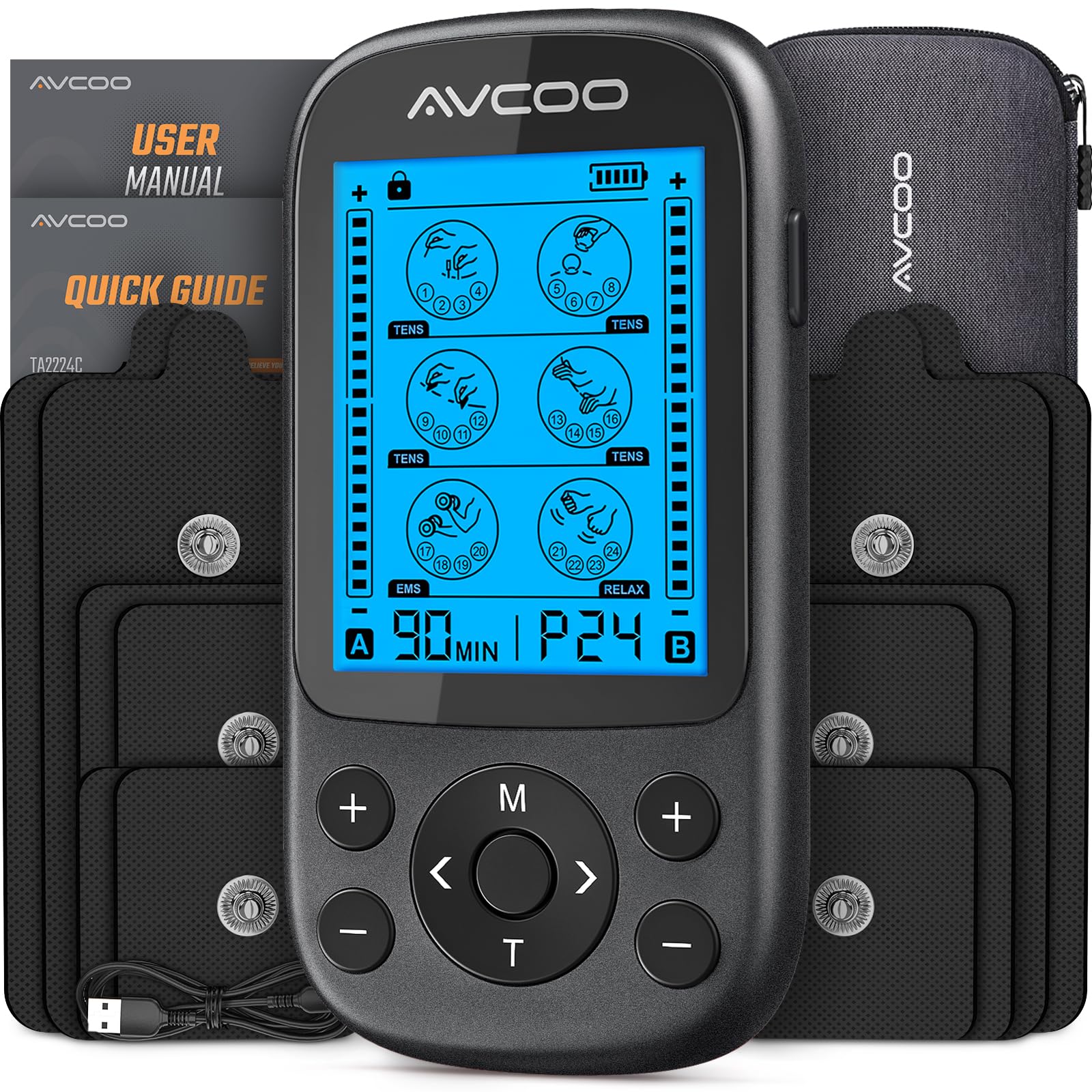 AVCOO 3-in-1 TENS Unit Muscle Stimulator for Pain Relief, 24 Modes, EVA Bag — Amazon image 9
