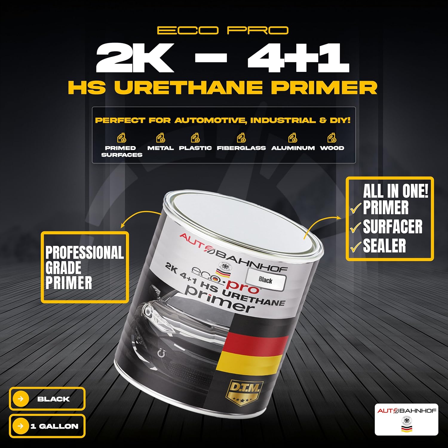 Eco Pro 2K 4:1 HS Urethane Primer Black & Medium Hardener Kit – High Build, Controlled Drying, Auto Body & Industrial Coatings – 1 Gallon Primer + 1 Quart Hardener