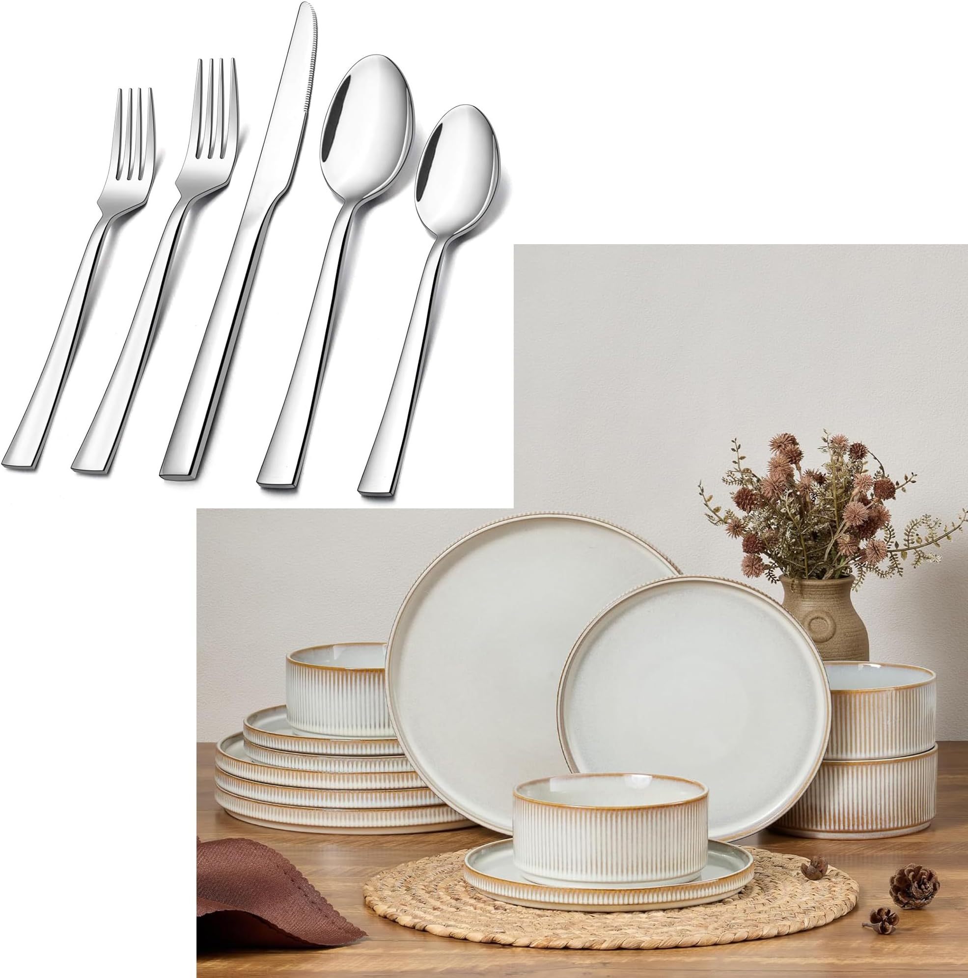 E-far 20-Piece Silverware Set and 12-Piece Plates and Bowls Sets Bundle, Stainless Steel Flatware Set Service for 4, Stoneware Dinnerware Dishes Sets for 4, Square Edge & Dishwasher Safe