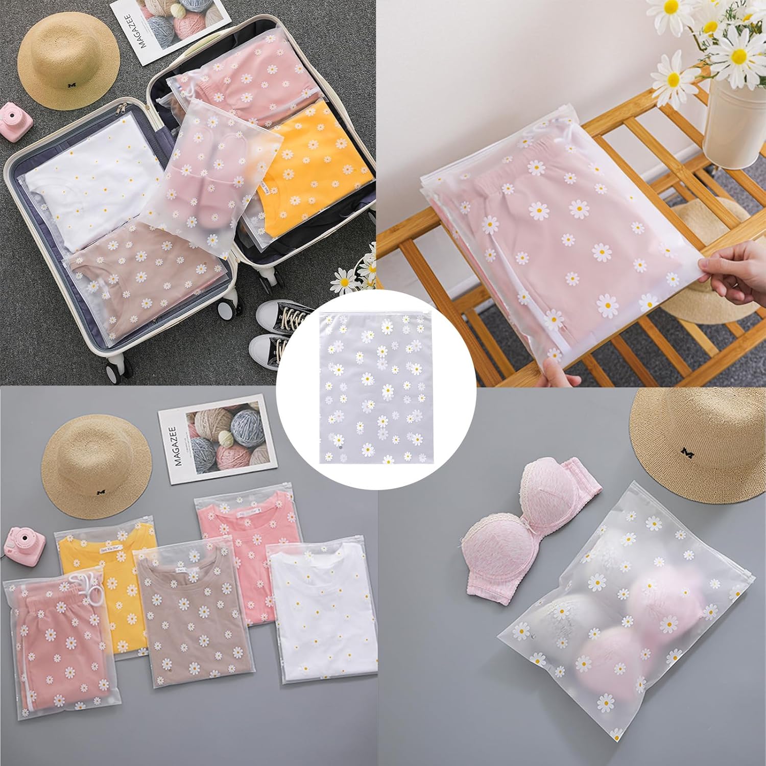 Clear Plastic Ziplock Garment Bags - Self-Sealing Storage Bags for Clothing, Gifts, Shipping, PEVA Material, Small Daisy Pattern, 16" x 20" / 40 x 50 cm, 50 Pack