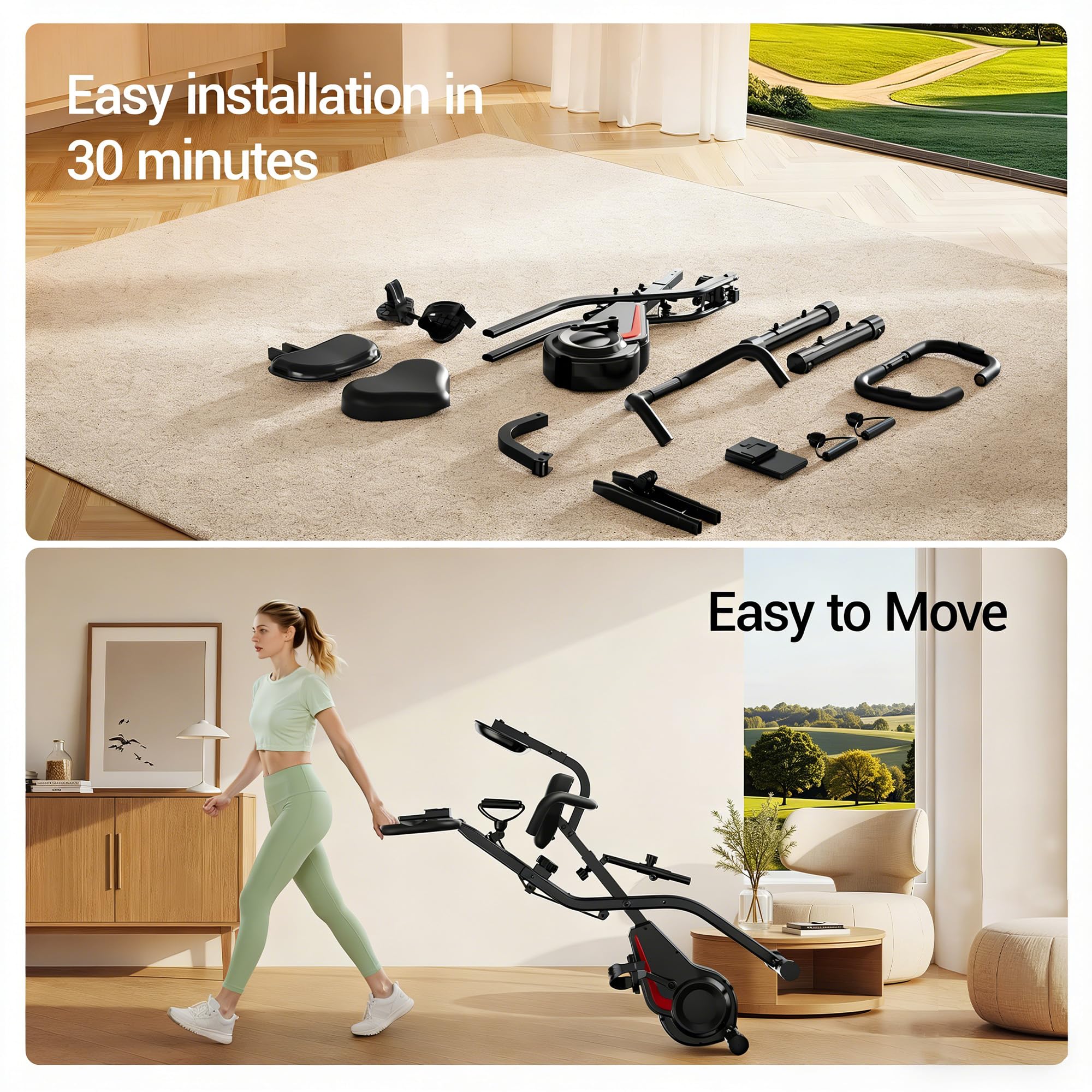 Bicicleta estática para casa plegable 5 en 1 con respaldo, bicicleta estática magnética con pantalla LCD y bandas elásticas, bicicleta estática silenciosa hasta 136 kg