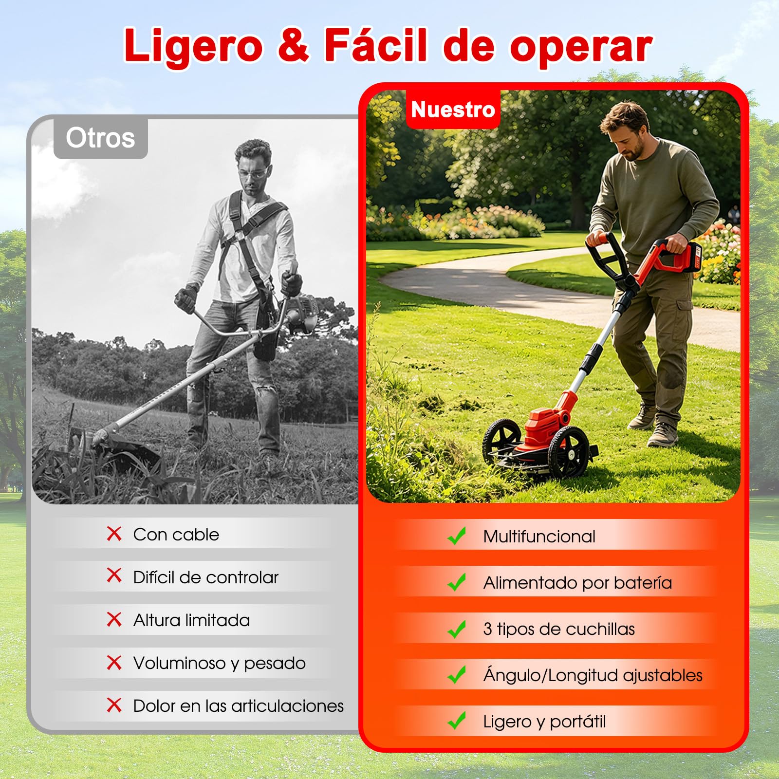OUTIGO Cortacésped inalámbrico, batería de 21 V (4 Ah), 4 Cuchillas, Mango telescópico Ajustable, desbrozadora de batería para jardinería